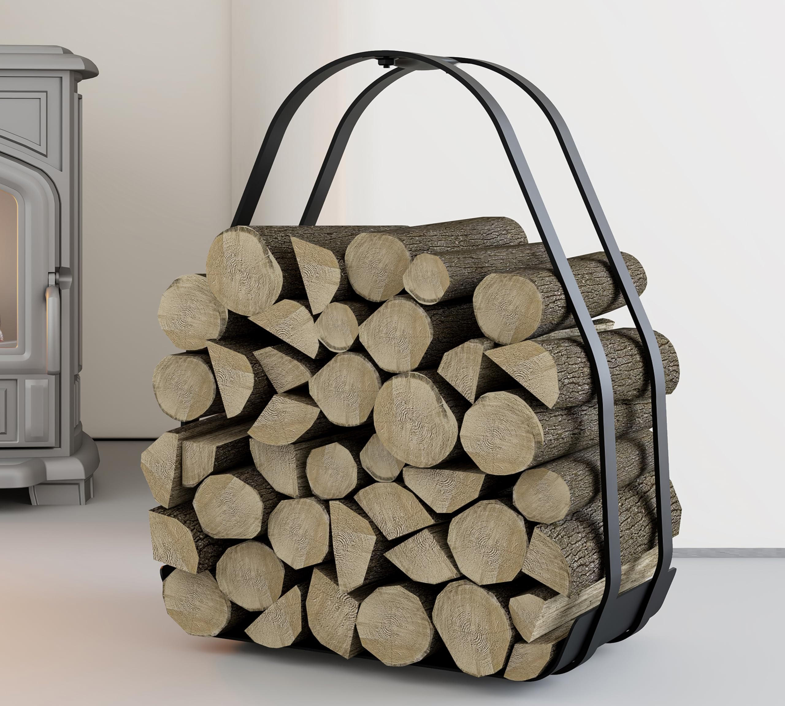 Kingson Kosz na drewno kominkowe – czarny metalowy pojemnik na drewno opałowe z powłoką proszkową z uchwytem – 36×35×48cm – żelazna rama i podstawa – płaskie opakowanie, wymagany montaż