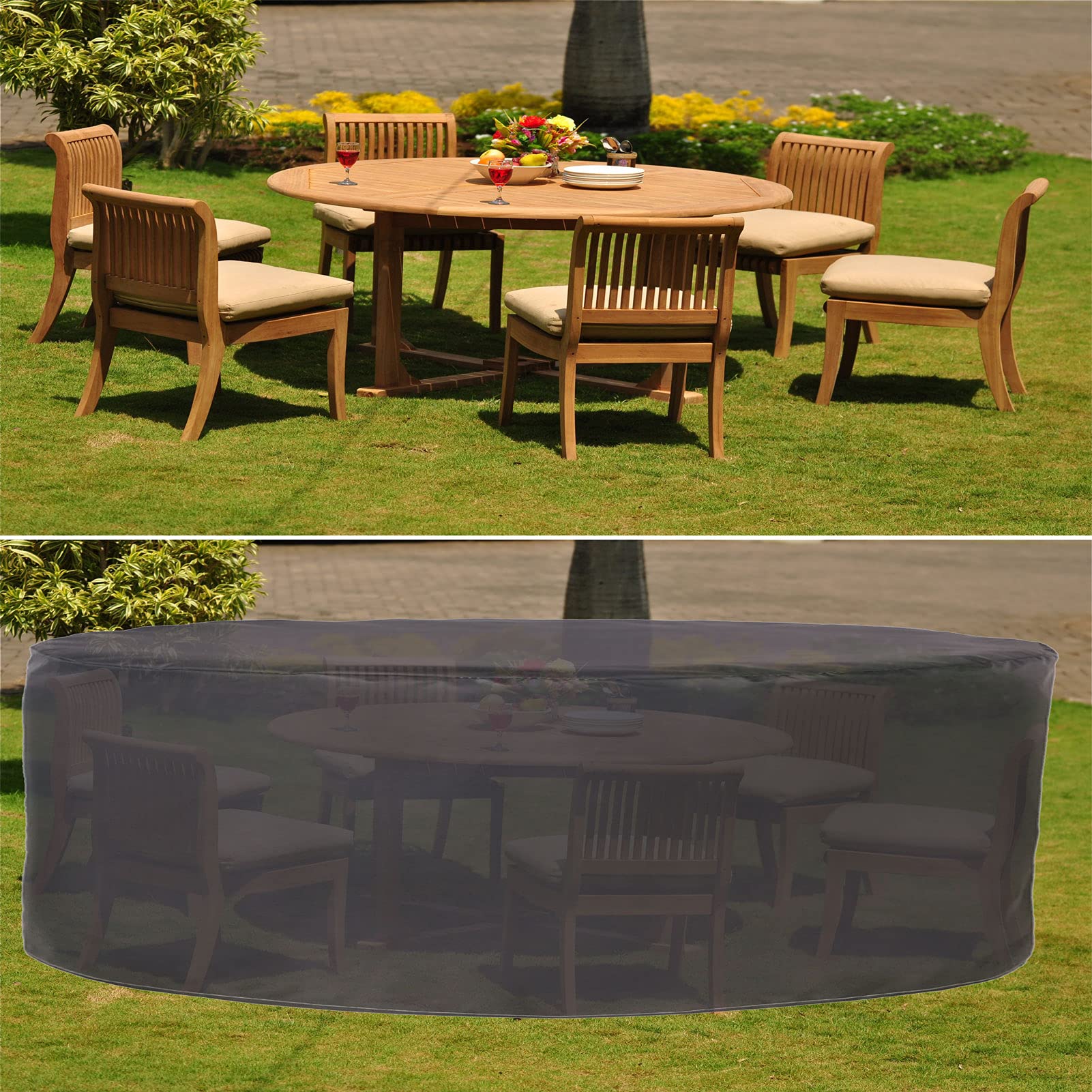 Copertura Tavolo Esterno Rotonda 190x90cm, Copertura per Mobili da Giardino Impermeabile, 420D Oxford Stoffa Copertura Protettive per Mobili da Giardino Impermeabile Anti Vento Sole