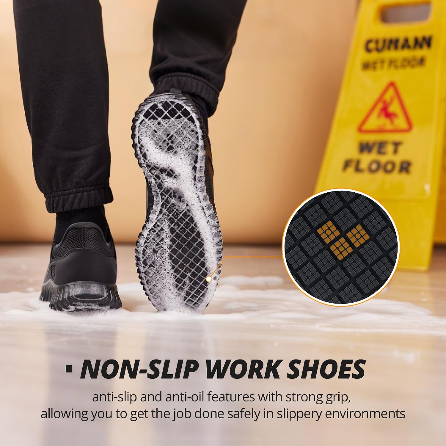 SUADEX Mens Non Slip Work Shoes,Arch Support Waterproof Food Service Shoes,Slip On Chef Kitchen Restaurant Resistant Sneakers,Black Zapatos Trabajo
