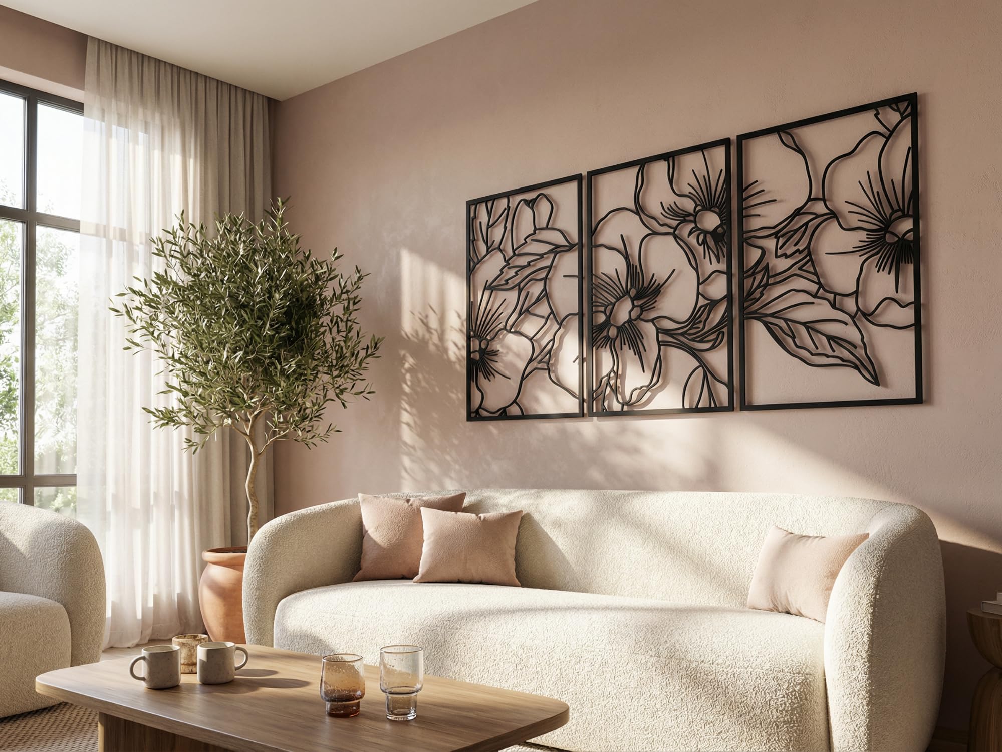 VAILLA Fiori Quadri Moderni Soggiorno – Legno 3D Decorazione da Parete Casa | Legno MDF 6 mm, Tagliato al Laser, Motivo Floreale, 5 Misure, Nero Argento Oro, personalizzabile, Soggiorno Cucina