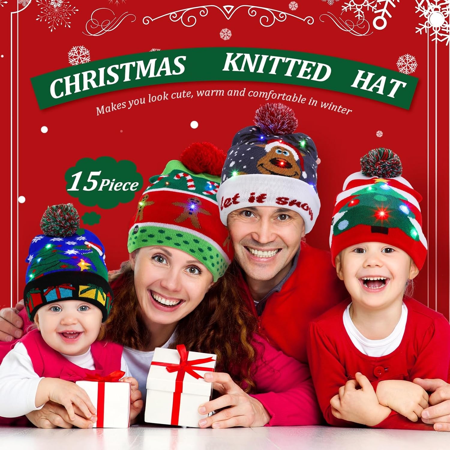 Vicenpal 15 Pack Christmas Light up Hat LED Beanie Christmas Knitted Beanie Flashing Sweater Holiday Hat Xmas Party Supplies - Image 3