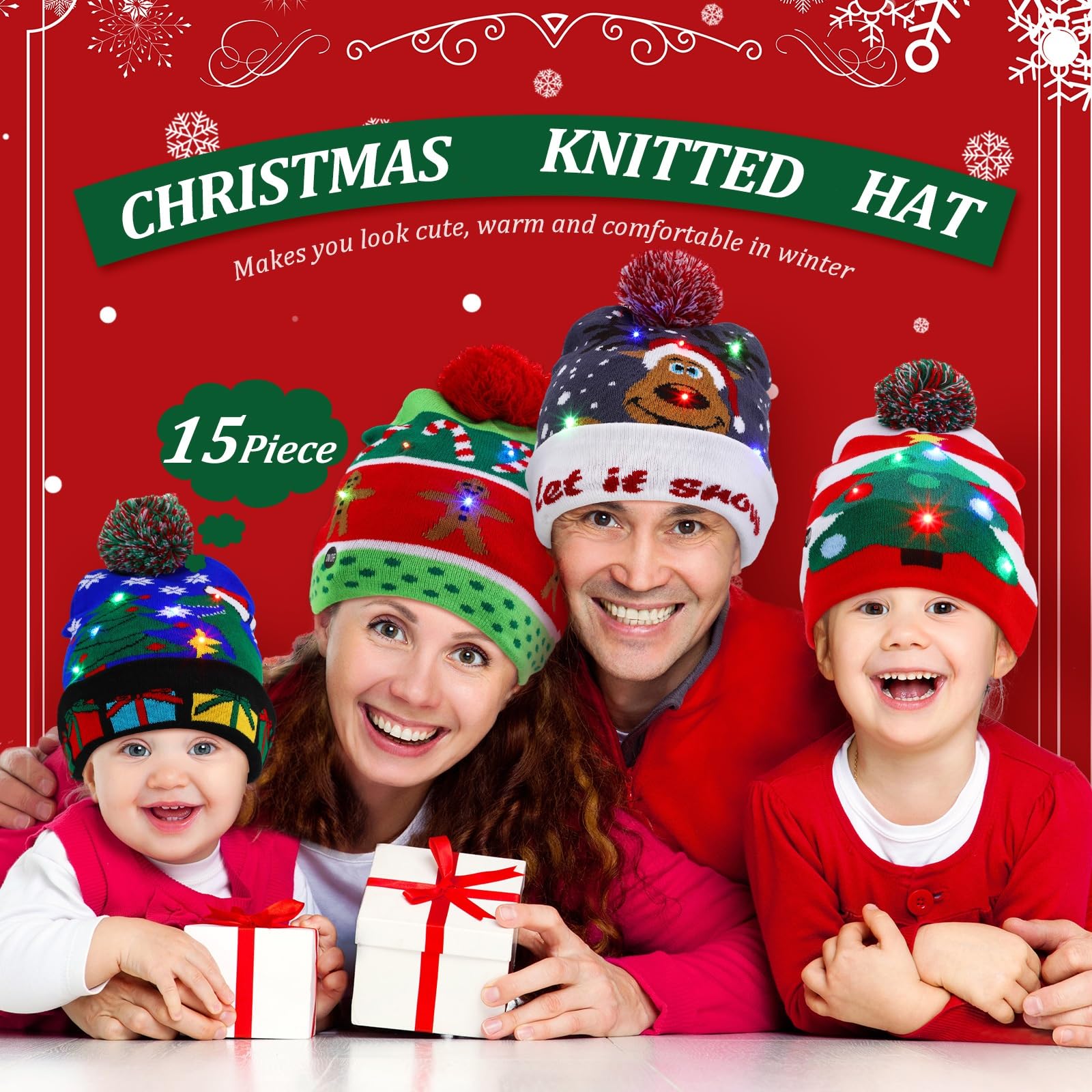 Vicenpal 15 sztuk bożonarodzeniowych czapek beanie LED Boże Narodzenie rozświetlana dzianinowa czapka miga świąteczny sweter czapka świąteczne artykuły imprezowe, jak pokazano na zdjęciu, jeden