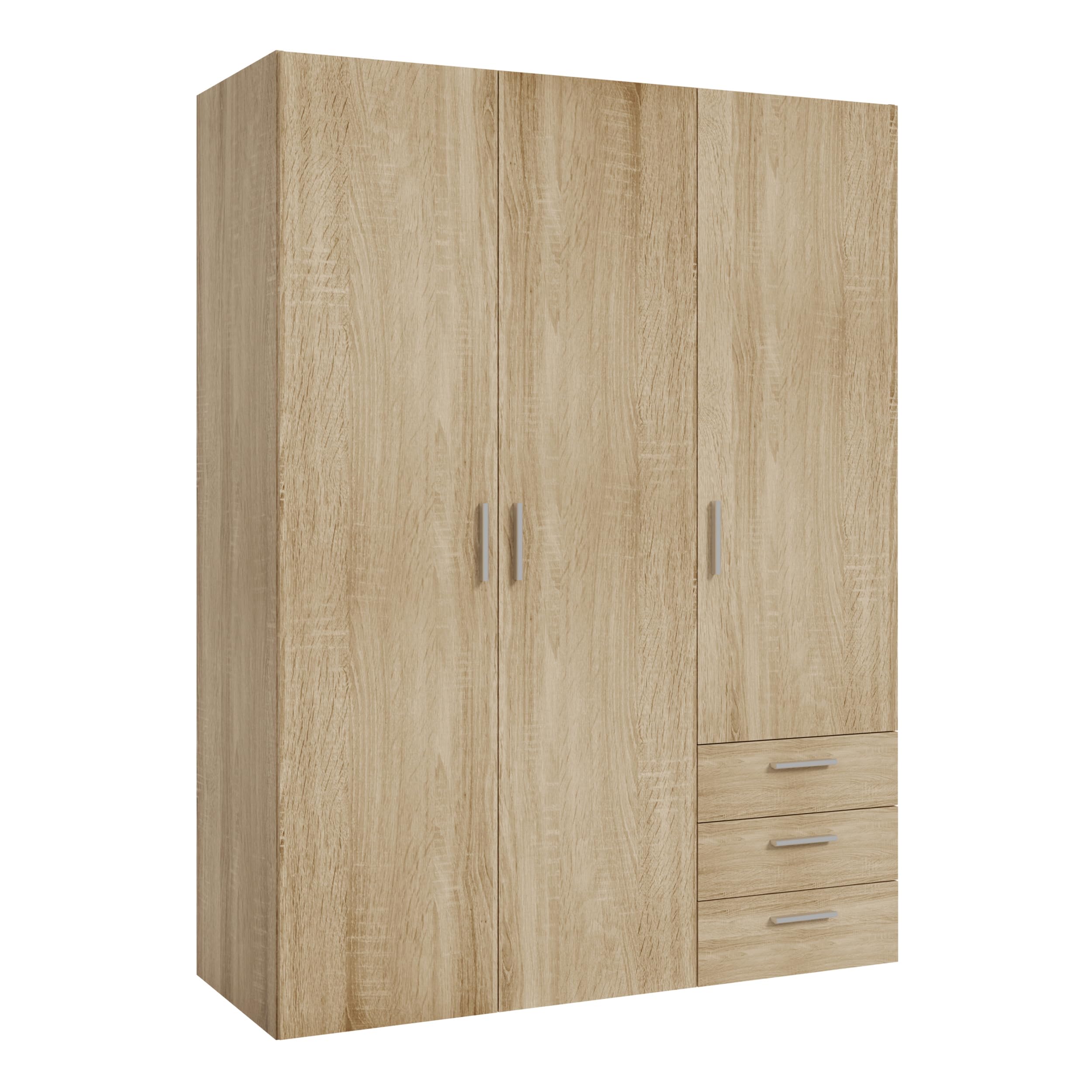 Forte Armario clásico Brooklyn 140 con 3 Puertas y 3 cajones, Madera de Roble Sonoma, 139,4 cm de Ancho, 185 cm de Alto, 54,2 cm de Profundidad