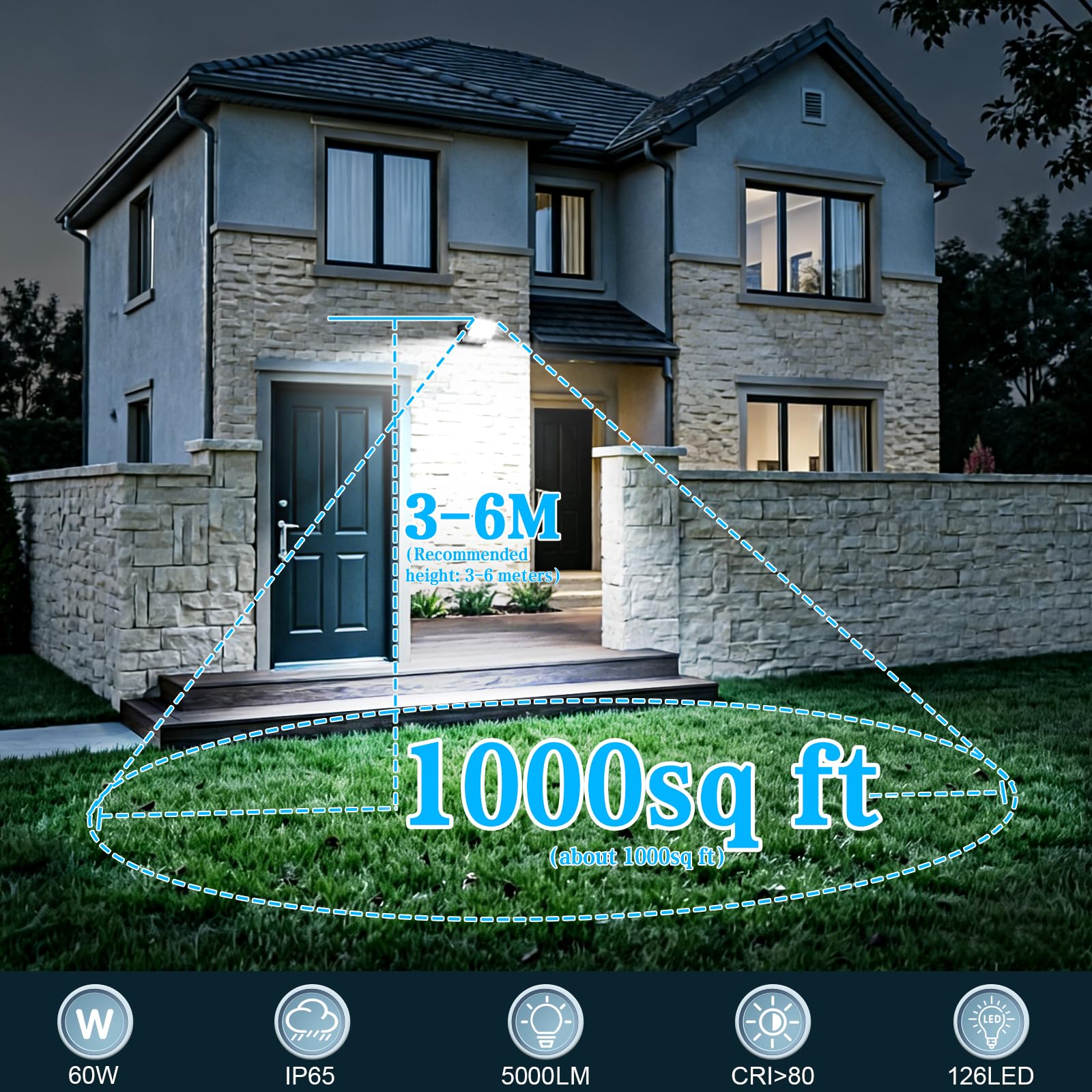 ledmo 60W Applique Murale Extérieure LED 5000Lm 6000K IP65 Noir 360° | Pivotant 360°, aluminium moulé, lumière froide, idéal jardin terrasse, 50000h de vie, montage facile, étanche durable