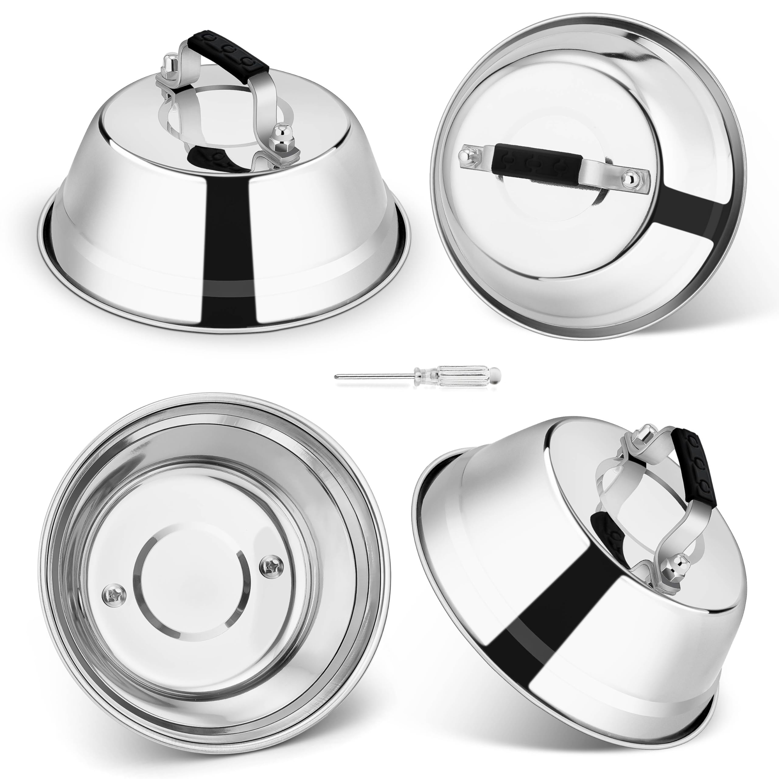 Homikit Burgerglocke, 4 Stück Burger Glock aus Edelstahl, Burgerhauben Set mit Hitzebeständig Silikongriff, Groß Schmelzglocke Abdeckhaube für Teppanyaki, Grill & Küche, Spülmaschinenfest, 22,8 x 8cm