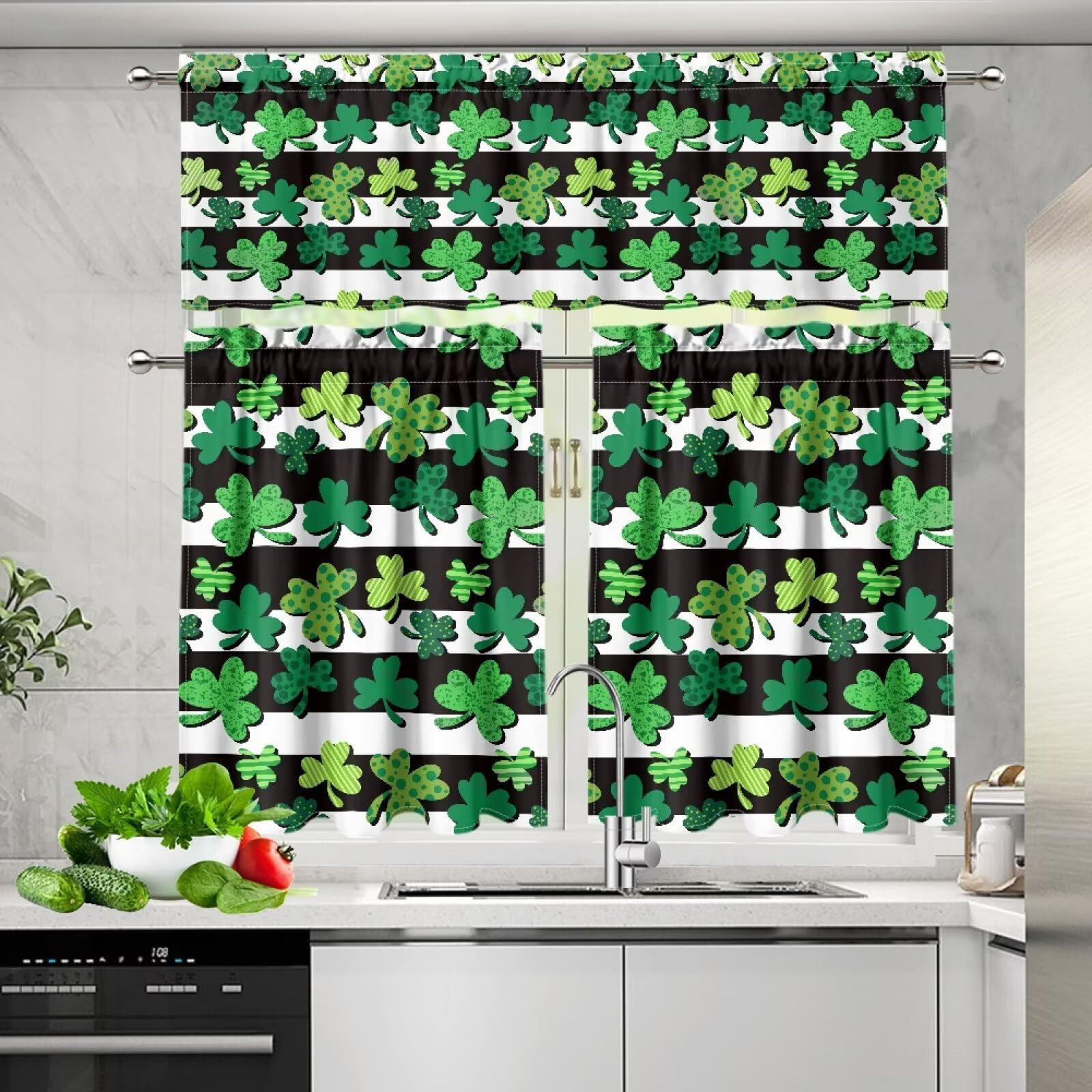 Cozeyat St Patricks Day 3-Piece Tier Curtains 36 Inches Long Country Kitchen Curtains Set Tab Top for Small Window Bathroom Farmhouse 54