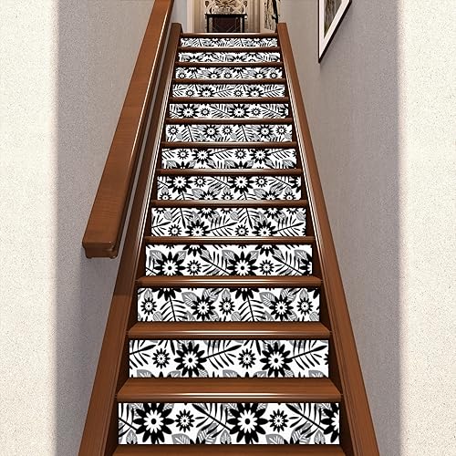 Miniatura 3 de Calcomanías autoadhesivas con patrón en blanco y negro, 13 unidades, diseño de elevadores de escaleras de vinilo para escaleras, 7.1 x 39.4 pulgadas