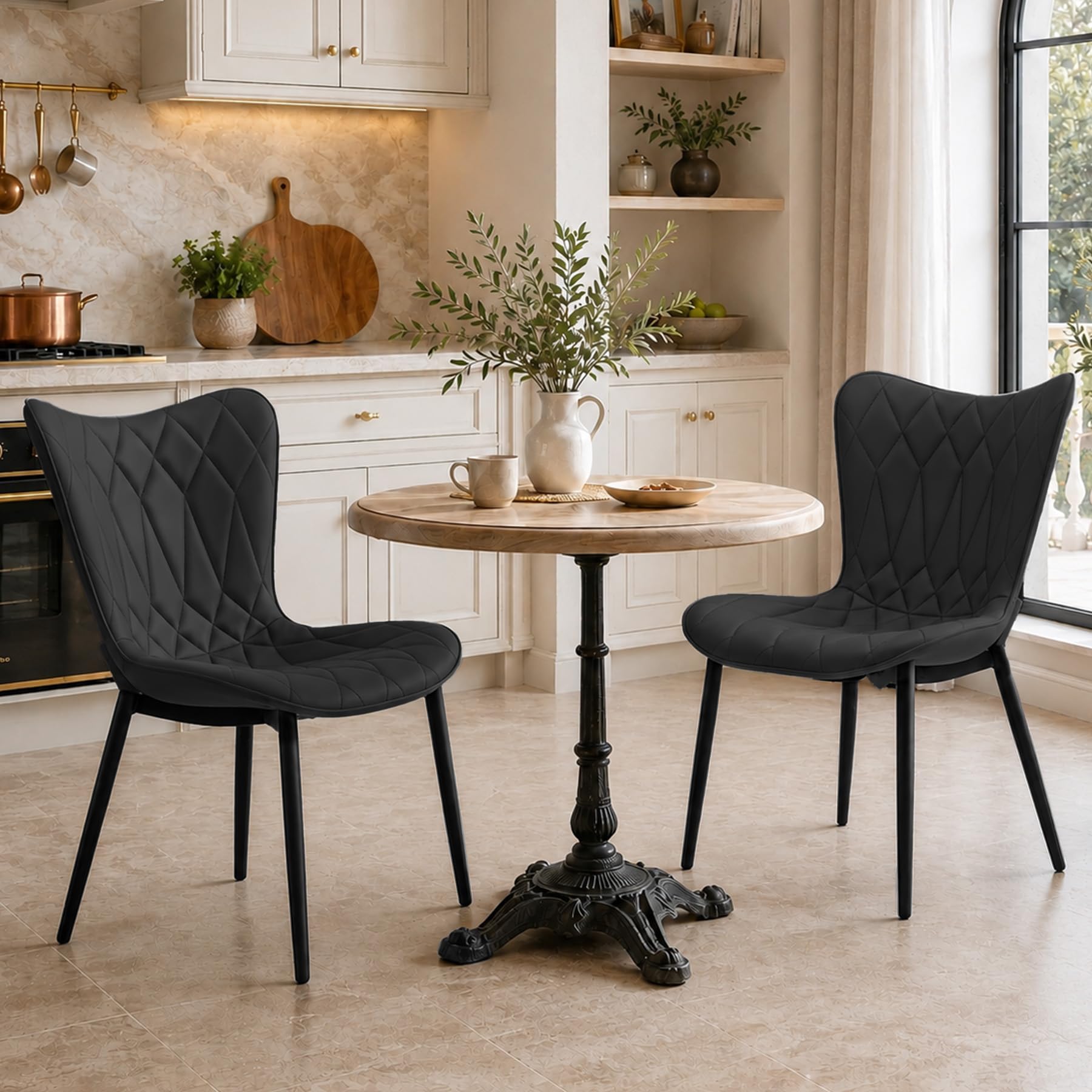 HomeMiYN Dining Chairs Set of 2 Faux Leather Wingback Metal Legs Black