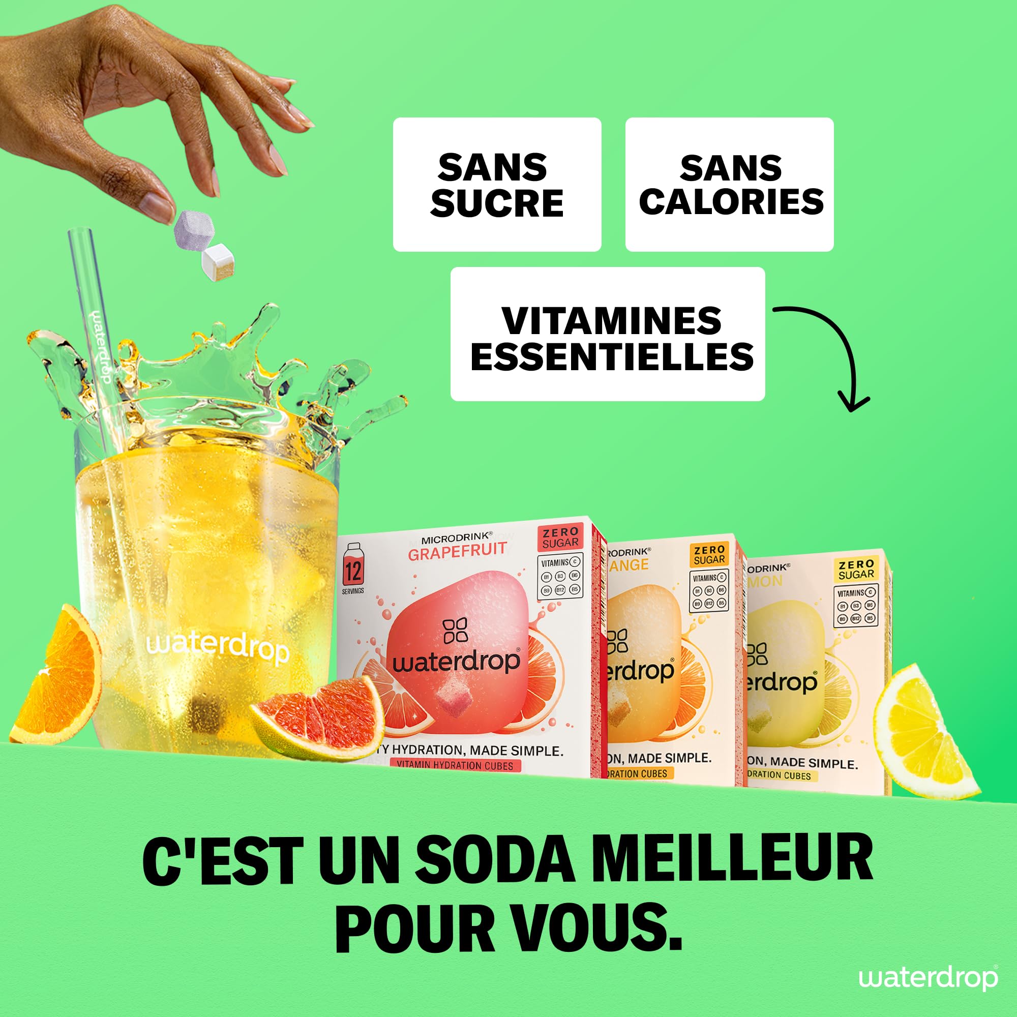 waterdrop® Coffret Microdrink, Orange, Citron et Pamplemousse, 36 boisson en cube effervescente sans sucre pour aromatiser l'eau, Extraits de fruits et de plantes, Eau Aromatisée infusion à froid