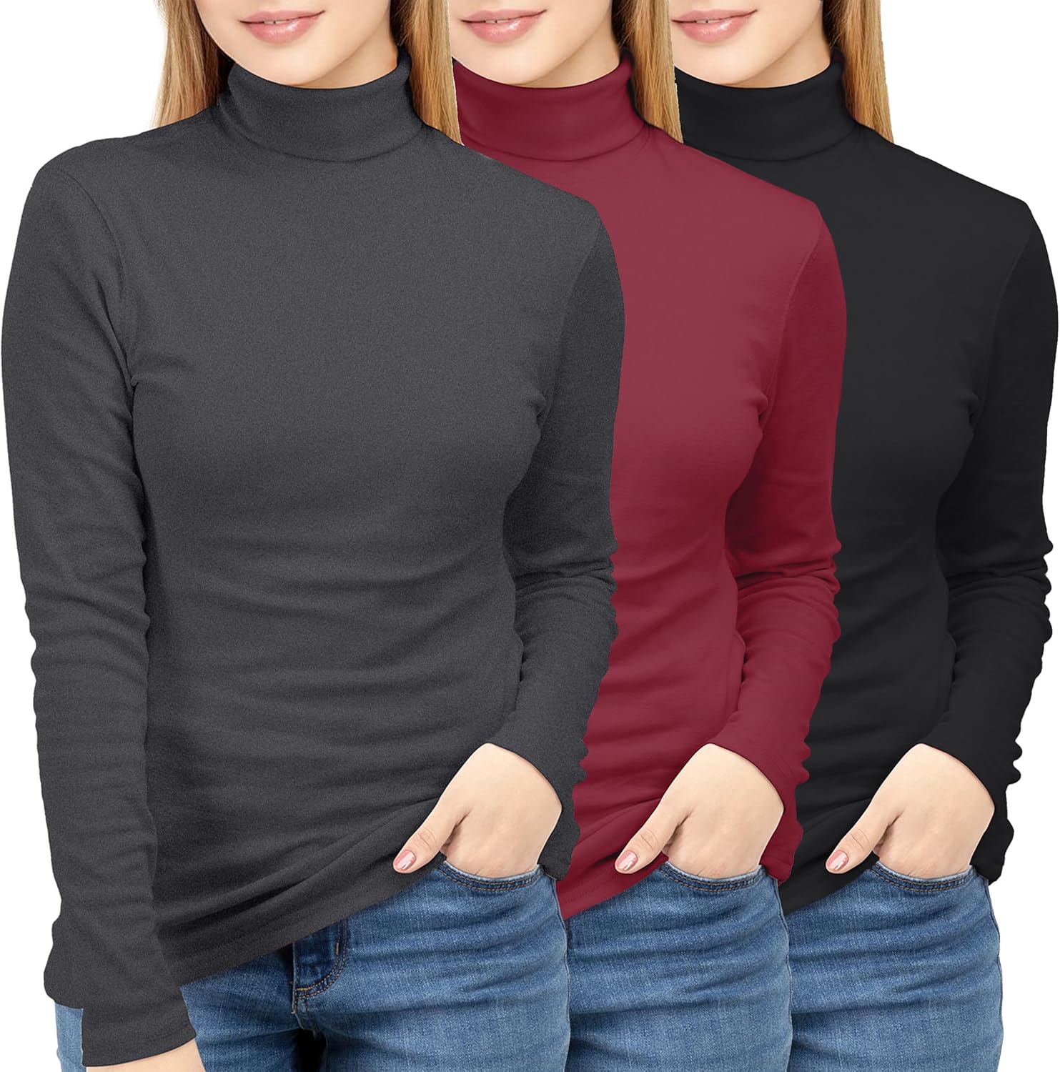 NY Threads Women's Long Sleeve Turtleneck Thermal Tops 3 Pack