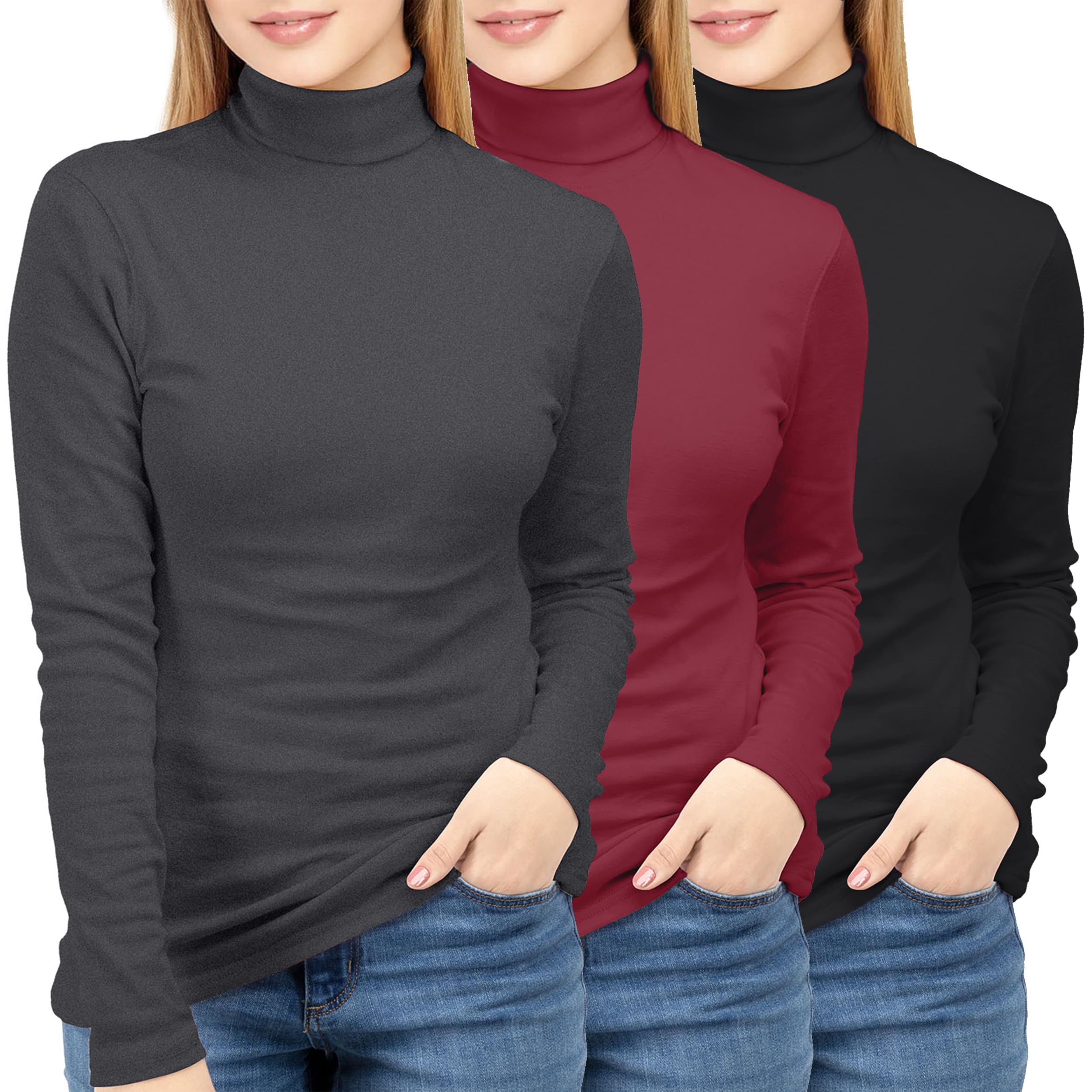 NY Threads 3 Pack Womens Turtleneck Long Sleeve Tops Slim Fit Thermal Underwear Shirts Turtle Neck for Women, X-Large, Black/Red/Grey