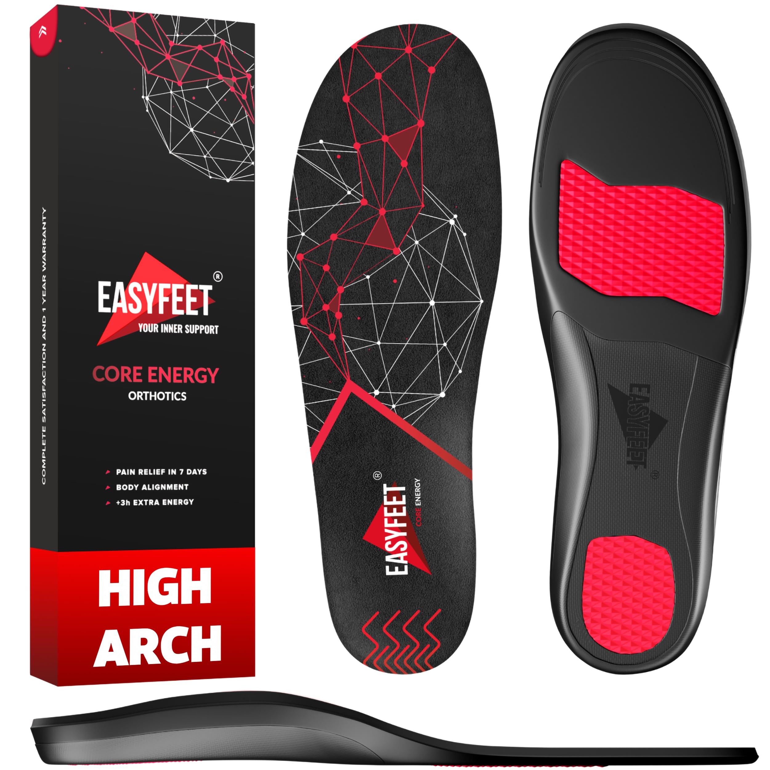 EASYFEET Anti-Fatigue Shoe Insoles - High Arch Support Insoles - Shoe Inserts Orthotics Men Women - Plantar Fasciitis Heel Arch Feet Pain Flat Feet - Work Boot Sneakers Hiking Shoe