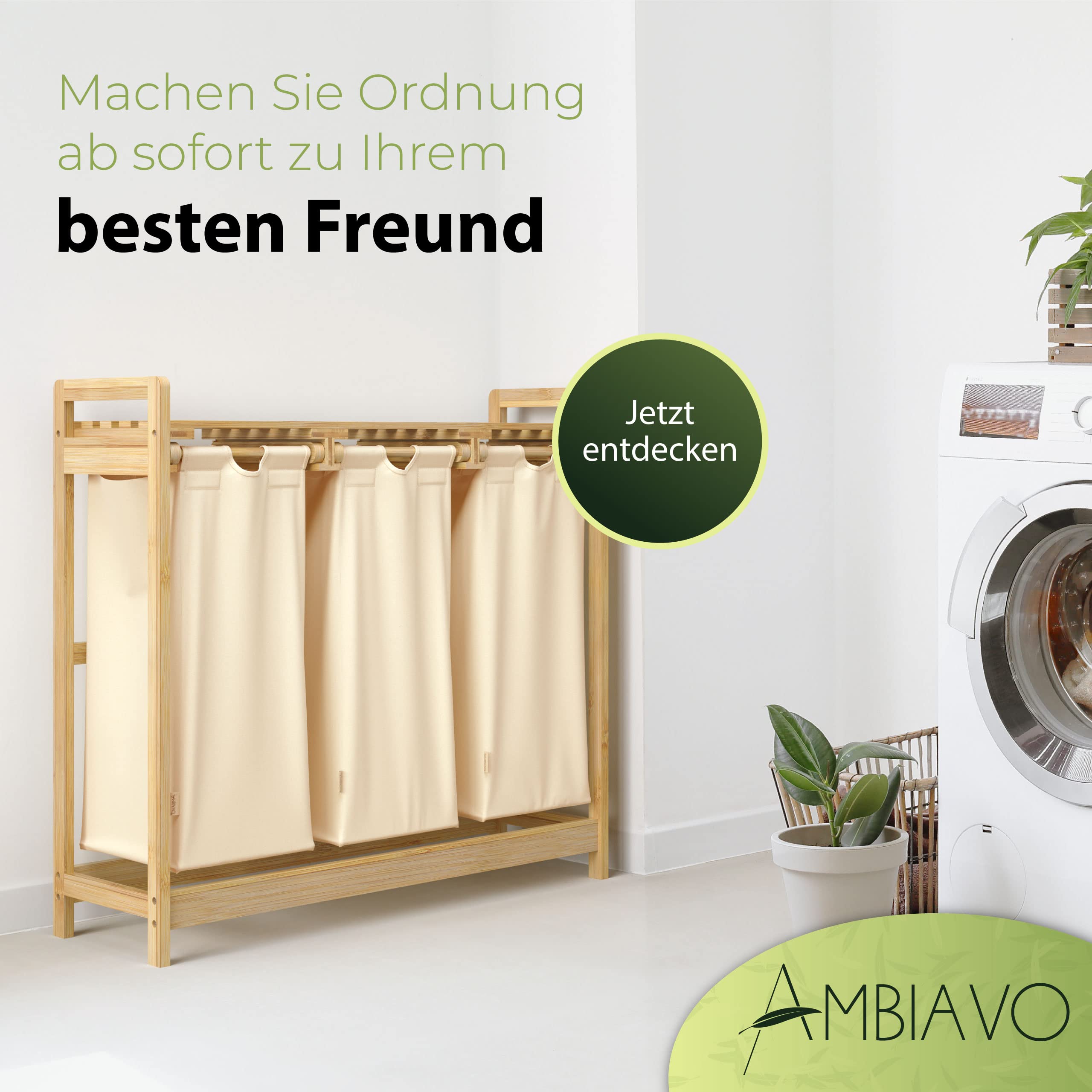 Wäschekorb 3 Fächer beige · 90 L Bambus · Wäschesammler, schmal | Warme Holz-Optik, nur 28 cm tief, 30 L je Fach, Wäschesortierer mit abnehmbaren Wäschesäcken, waschbar bei 30 Grad