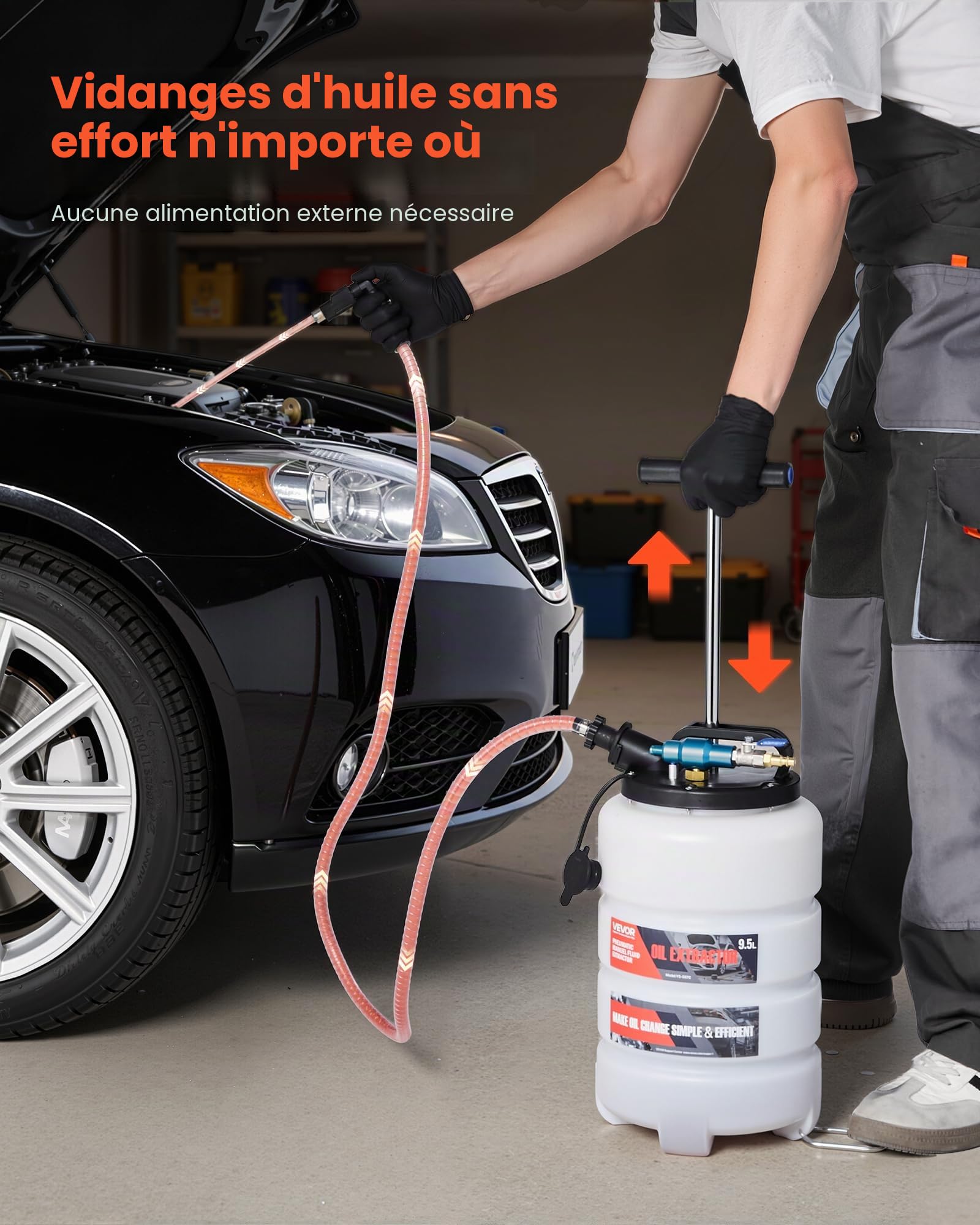 VEVOR Extracteur de Fluides 9,5 L Pompe Vidange Huile Moteur à Aspiration Pneumatique Manuelle pour Voitures, Tondeuses à Gazon, Bateaux, avec Tuyau 150 cm, 3 Tuyaux d'Extension 120 cm, Réservoir PEHD