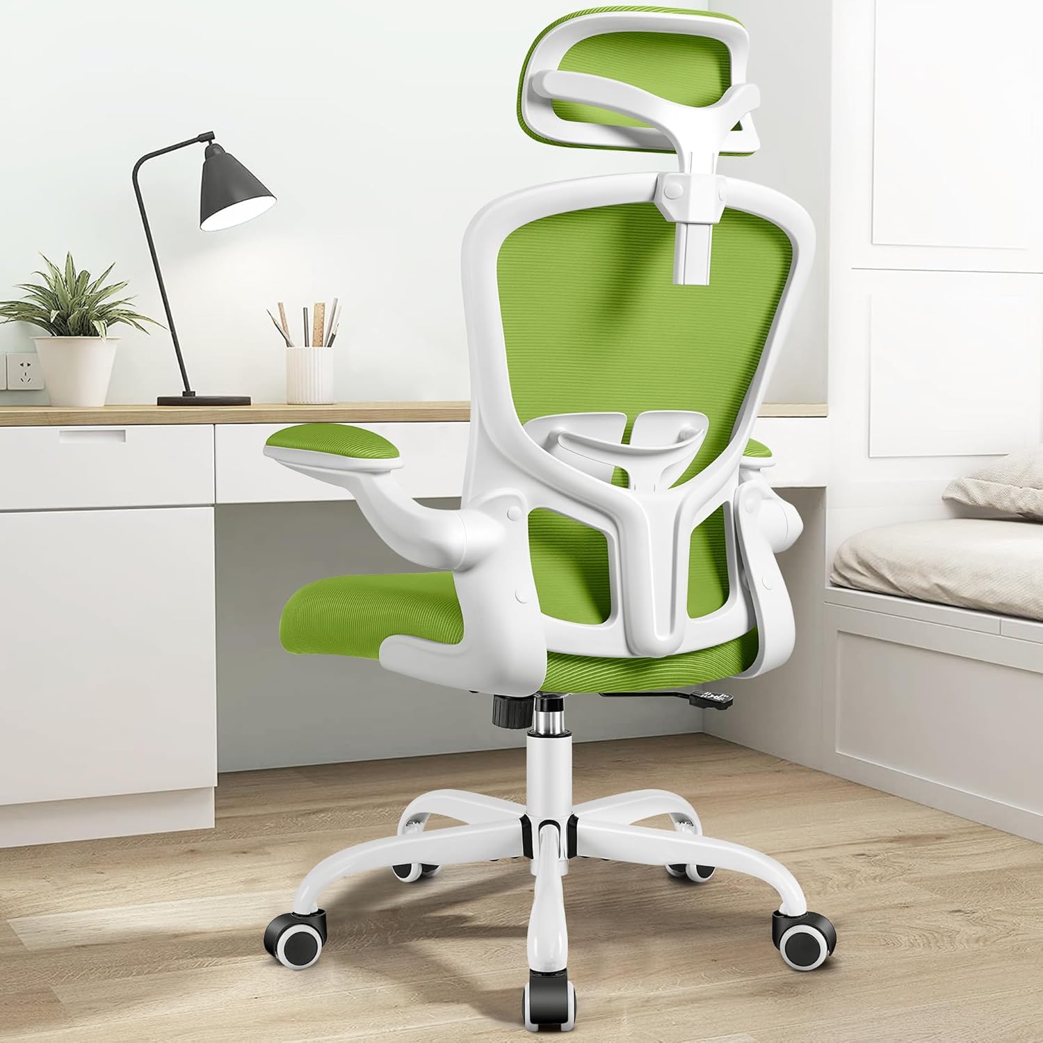 FelixKing Premium Ergonomic Office Chair with Adjustable Headrest, Thickened 90° Flip Armrests, and Lumbar Support – Height Adjustable | Ideal for Home Office Desks and Workstations | Green