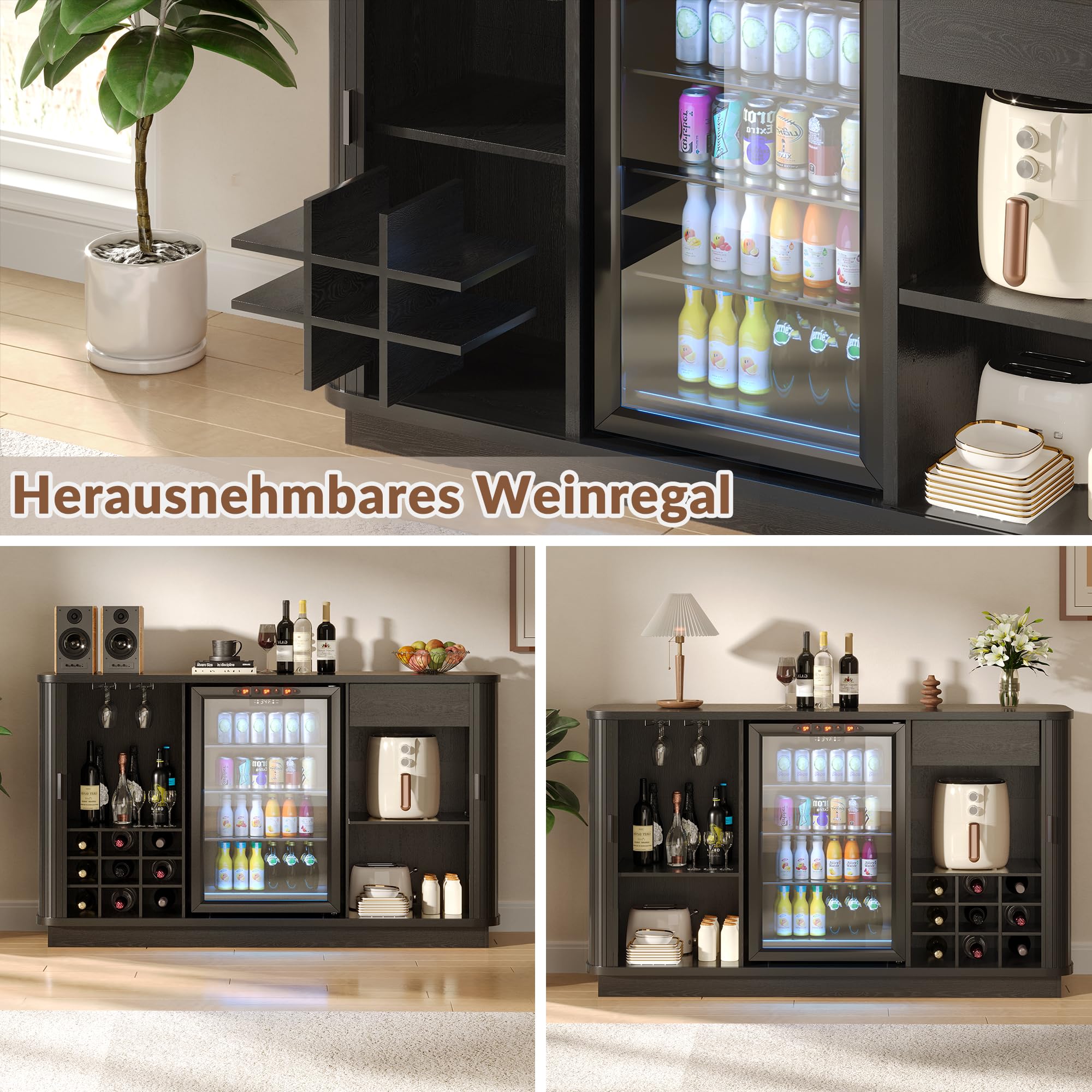 130 cm langes, geriffeltes Buffet-Sideboard mit Kühlschrankfach, Retro-Weinbarschrank mit Rolltüren, verstellbaren Einlegeböden und Weinregal für Küche und Esszimmer