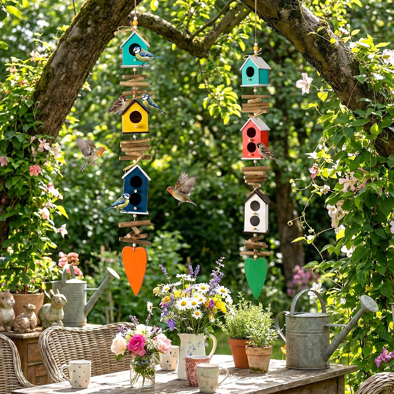 Potchen Paquete de 2 comederos colgantes coloridos para pájaros al aire libre, jardín, aldea, granja, comedero de madera para pájaros para casas de campo, granja, decoración de jardín al aire libre