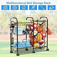 NEYCIL Ball Storage Rack Cart with 6 Wheels, Elastic Straps, Removable Basket & Hooks - Sports Organizer for Garage, Kids Room, Gym