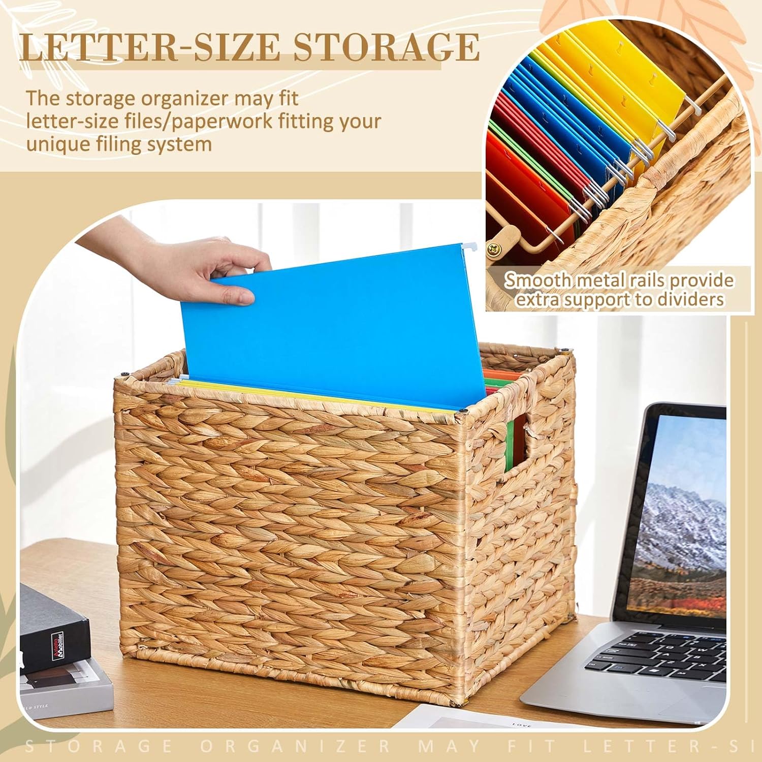 Jingmore Hanging File Box, Water Hyacinth Collapsible Woven File Organizer for Letter Size Files, Portable Decorative Storage Basket with Handles for Home Office Decor