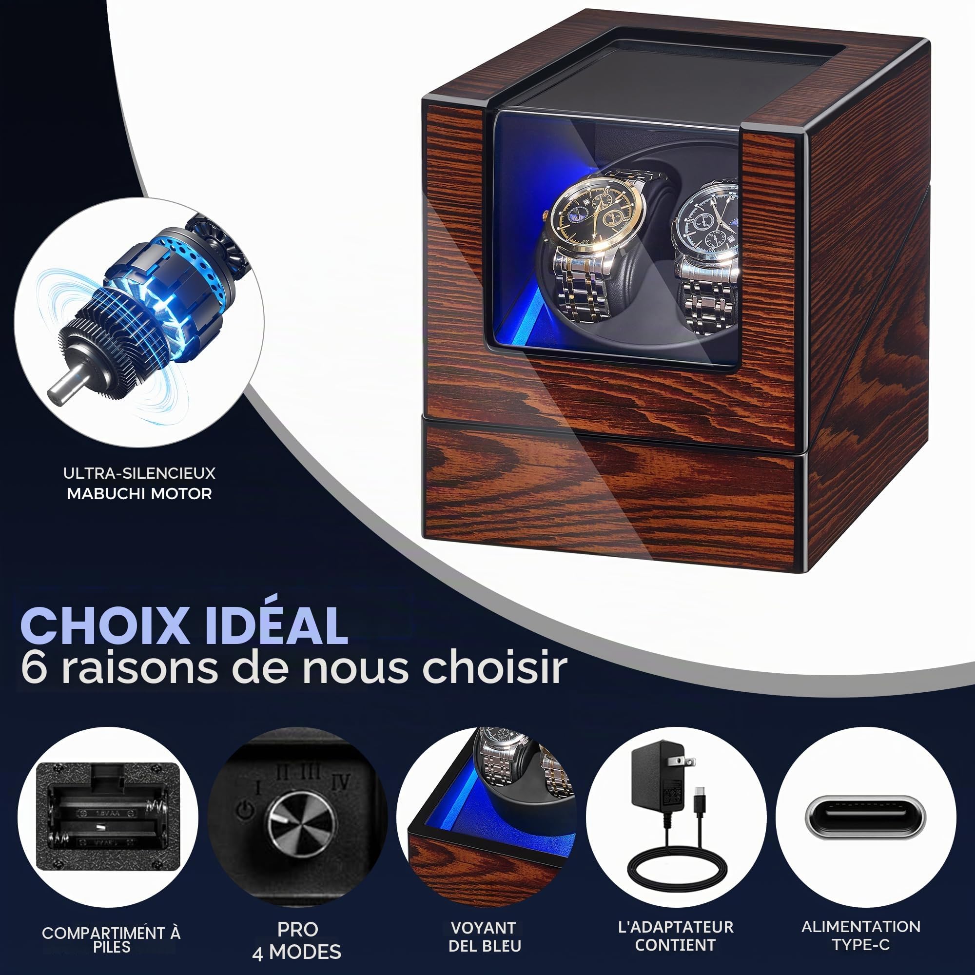 BEWISHOME Remontoir Montre Automatique avec éclairage LED, Boite Remontoir pour Montre Automatique avec Moteur Silencieux, 4 Modes, Alimentation par Batterie ou Adaptateur Type-C, ESYQ02Y