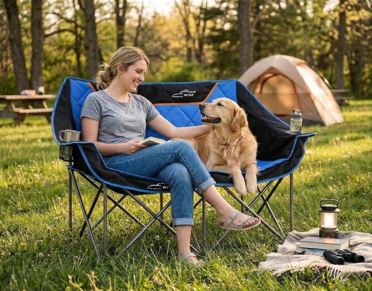 fair wind oversized fully padded camping chair folding loveseat camping couch double duo chair heavy duty quad fold arm chair with cup hold - supports 650 lbs blue blue double seat