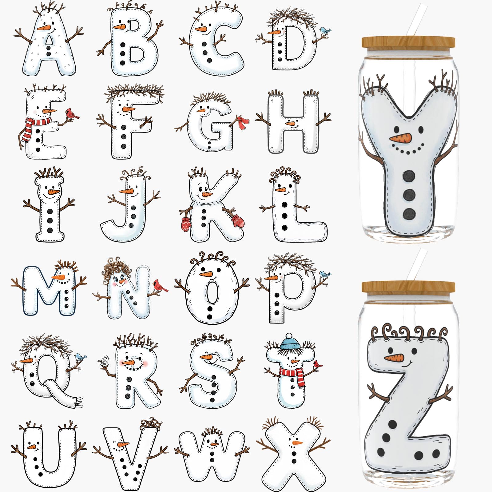Papier transfert UV DTF Bonhomme de neige de Noël autocollant imperméable pour verre 32 pcs