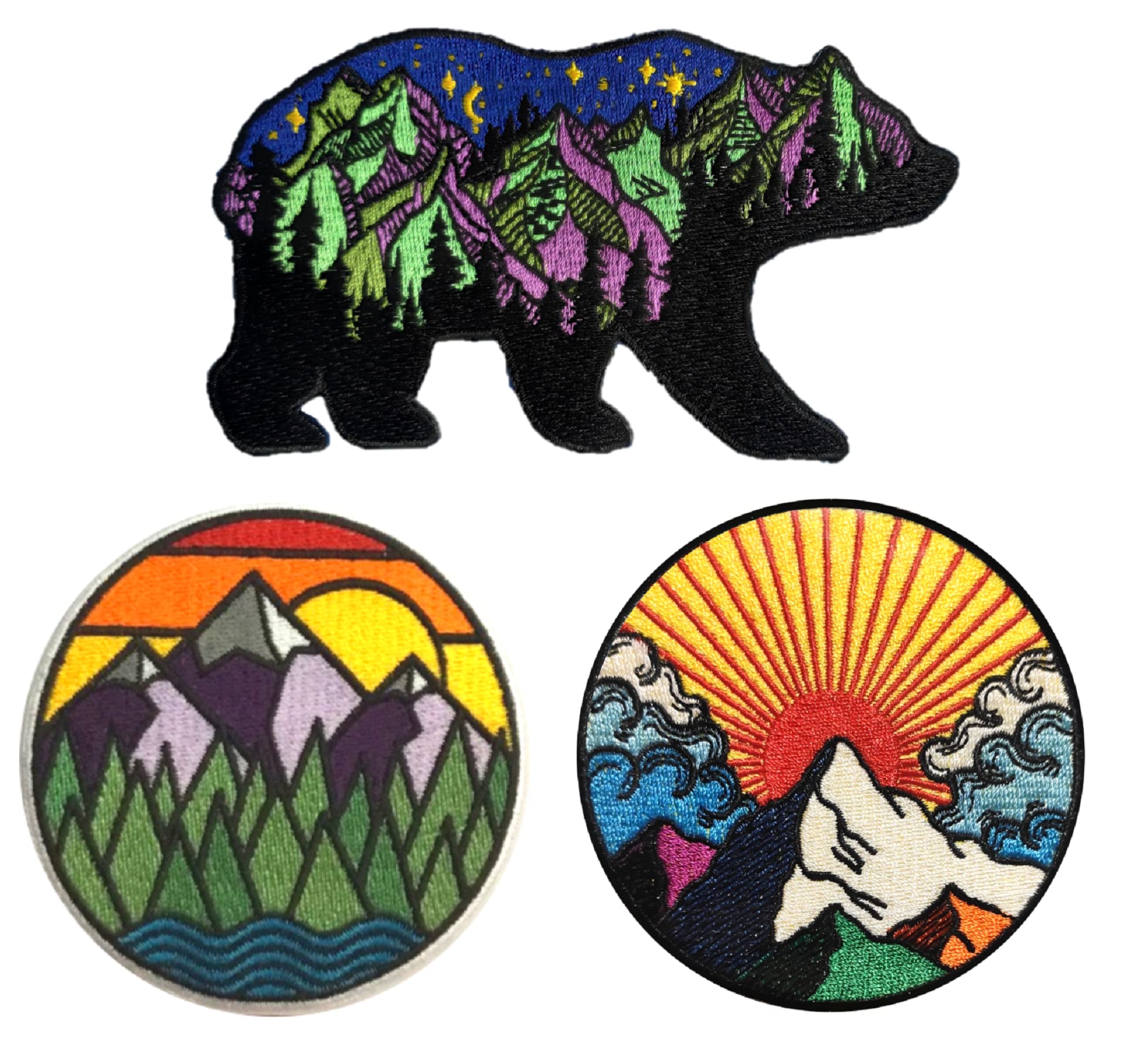 PatchClub 3pcs Mountain Adventure Bear Patches Set Bundle - Colorful Fully Embroidered Cool - Iron On/Sew On Patches