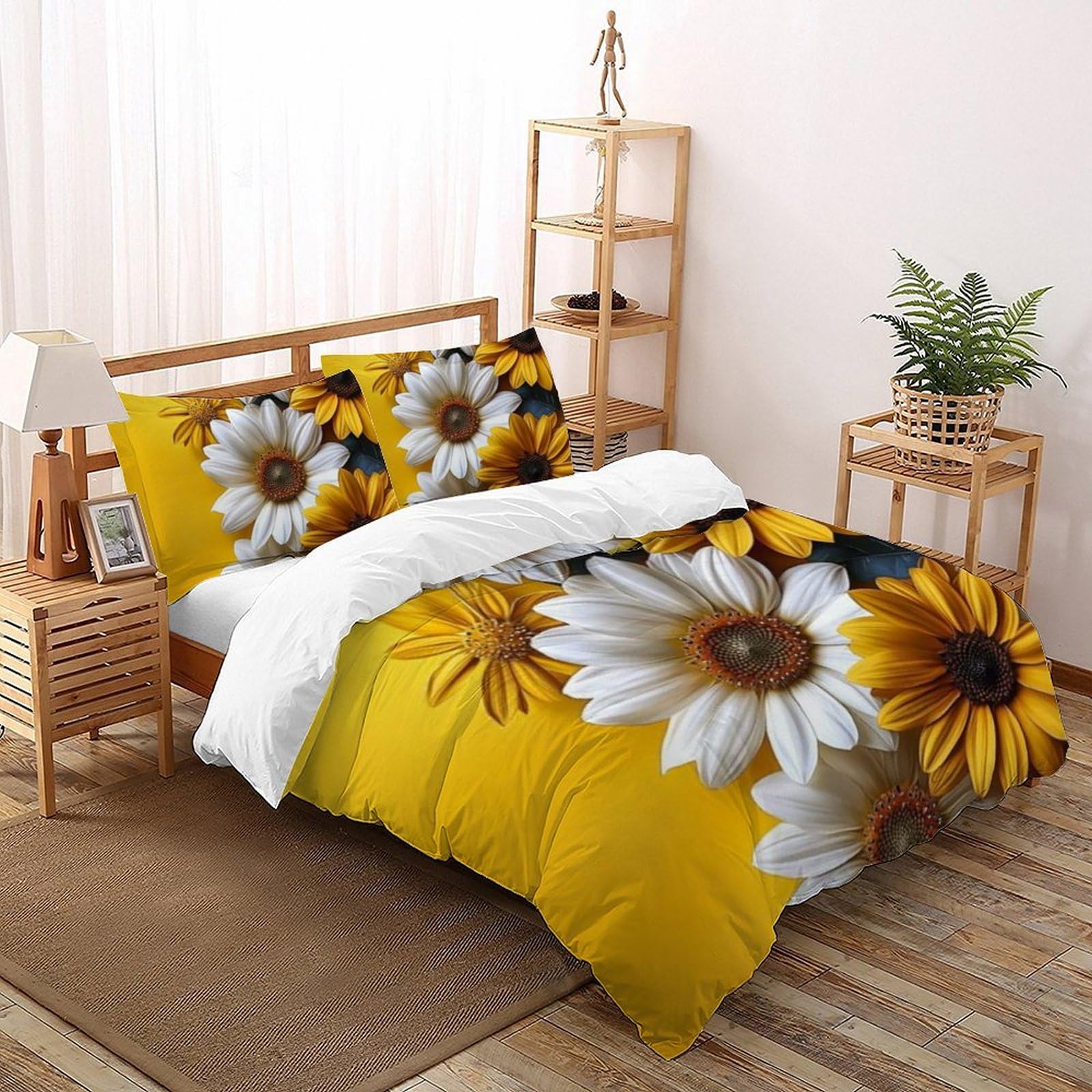 Housse de couette 220x240 anti-plis en microfibre douce imprimé plantes et tournesols 3D