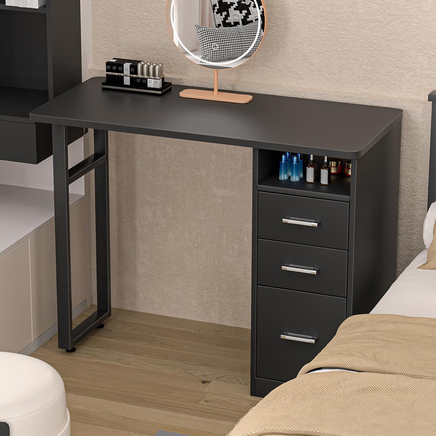 Nail Desk Acetone Resistant Manicure Table Station Black Desk w/Wrist Cushion, Drawers & Cabinets