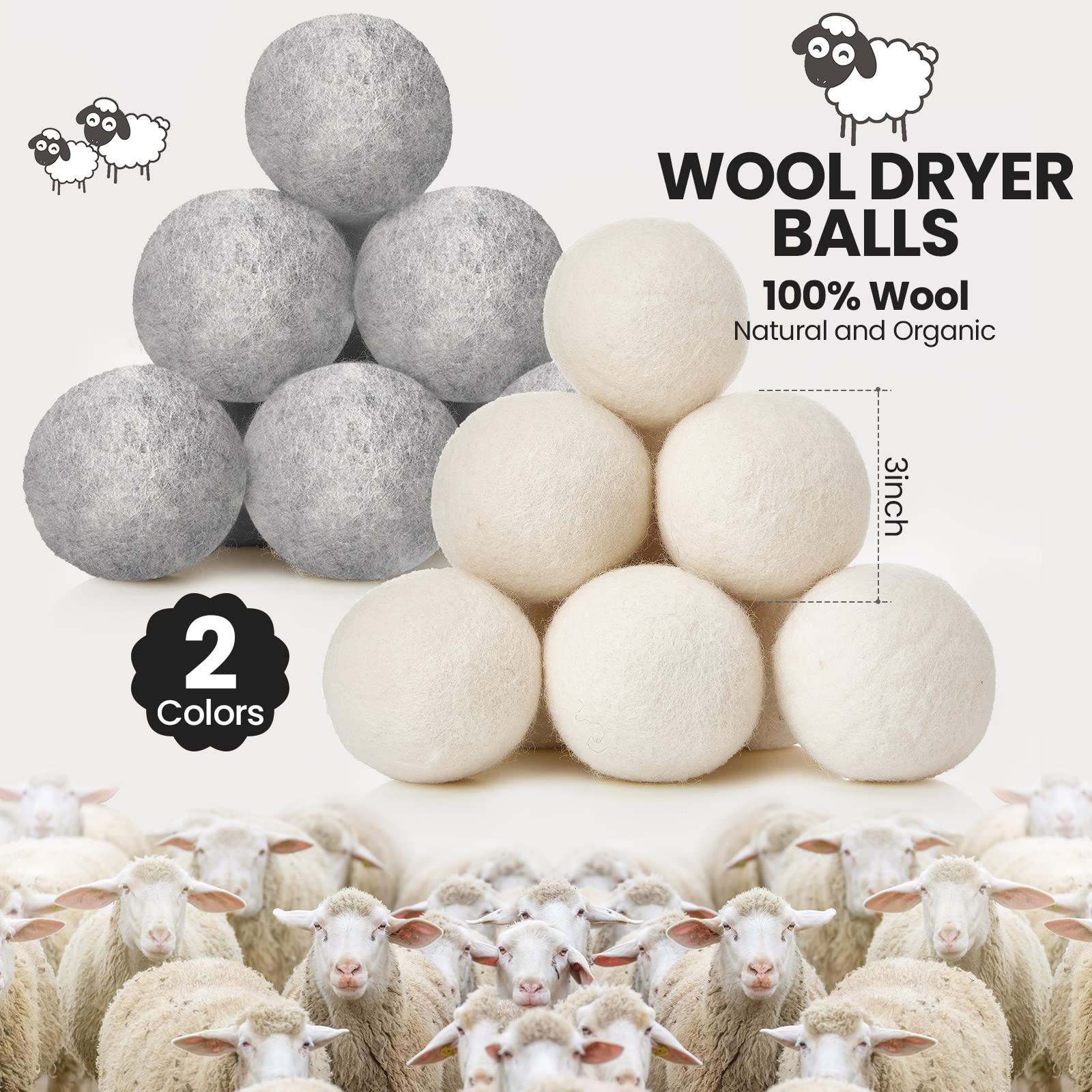 Roowest Set di 56 palline di lana per asciugatrice, 54 palline di lana riutilizzabili, con 2 sacchetti di mussola, palline ammorbidenti per tessuti, antirughe, antistatiche, per risparmiare energia e