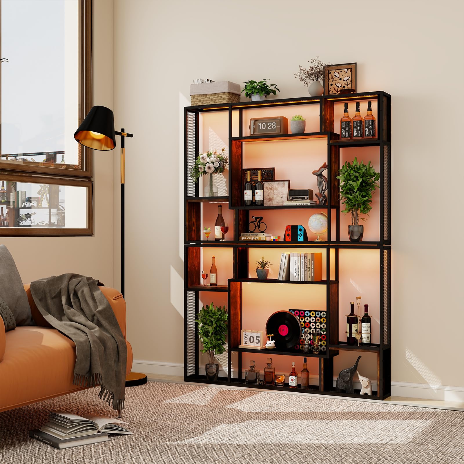 YOURLITE Weinregal Wand, mit LED-Beleuchtung Metall, Bar Regal mit LED-Licht, Wandmontage Wine Display-Ständer, 3 Ebenen Weinregal Metall, für Bars, Wohnzimmer, Küche, Restaurant, Schwarz