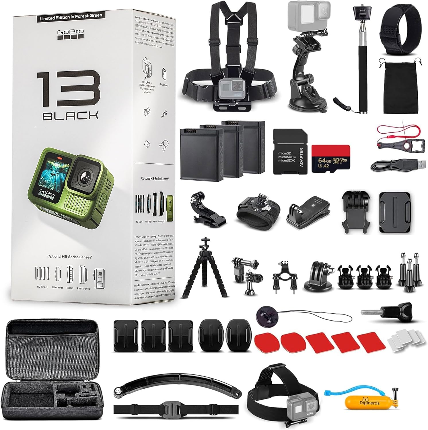 GoPro HERO13 (Hero 13) in Forest Green – with 50 Piece Accessory Kit and 2 Extra Batteries + 64GB Card – Waterproof Action Camera – 5.3K HDR, 27MP Photos, 1/1.9″ Sensor, Live Streaming, Webcam