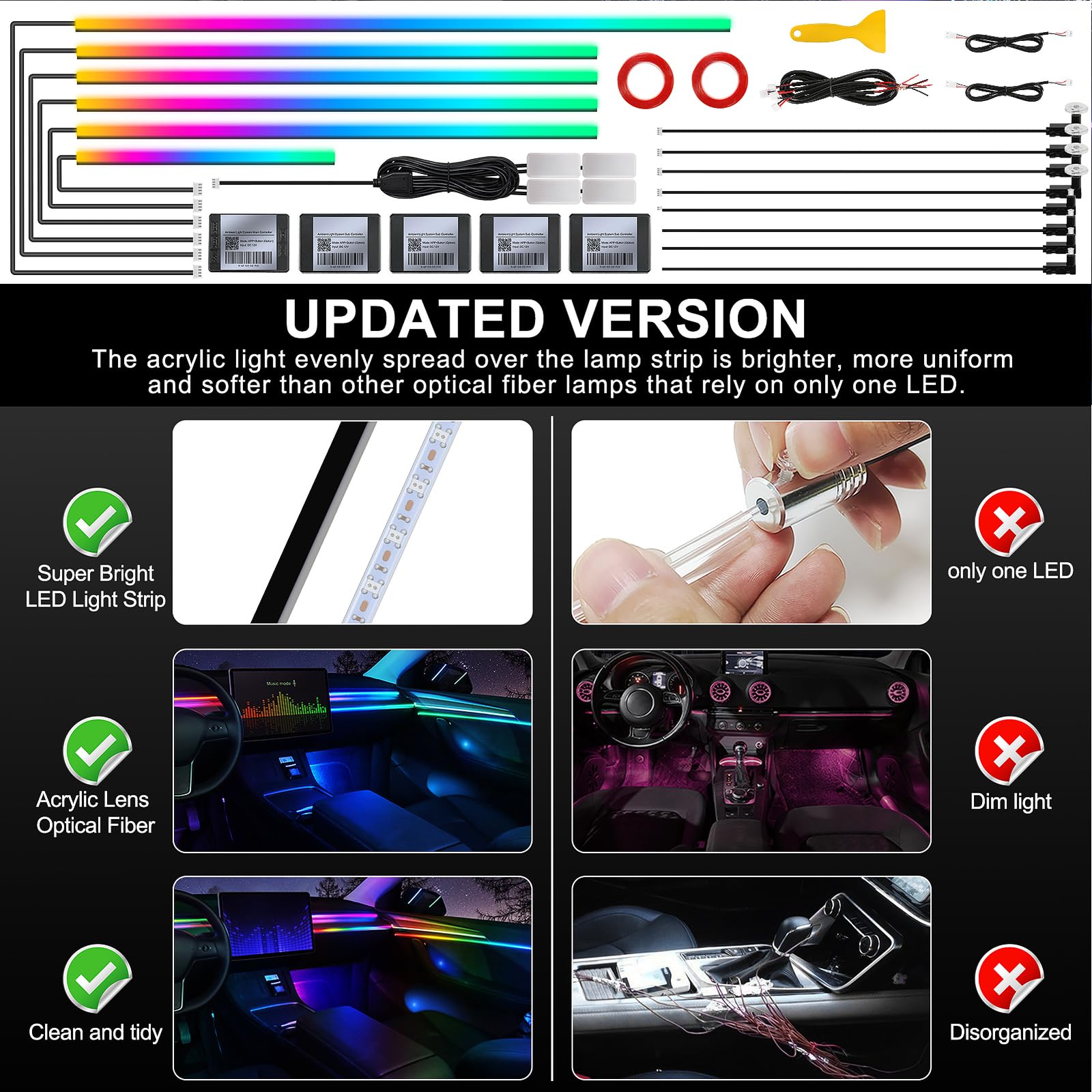 Acryl-Innenbeleuchtung für das Auto, LED-Streifen, RGB 18 in 1 mit 444,5 cm 593 LEDs, Glasfaser-Streifenlichter für Auto, dynamische Jagd-Musik, Synchronisation, Neon-Auto-Umgebungsbeleuchtungs-Kits