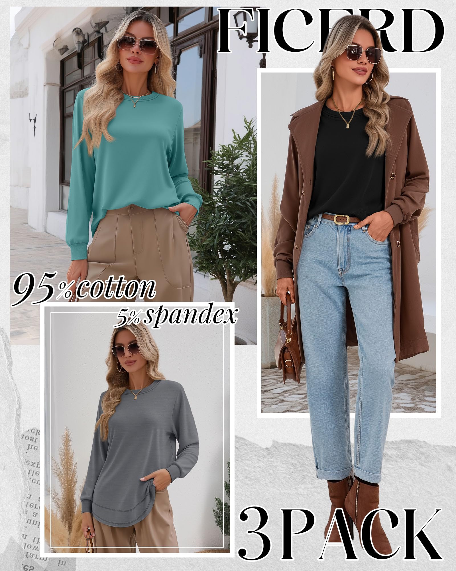 Ficerd 3 Pack Women's Long Sleeve Shirts, Cotton Crew Neck Tunic Tops Casual Loose Fit Pullover Sweatshirts Curved Hem Shirts