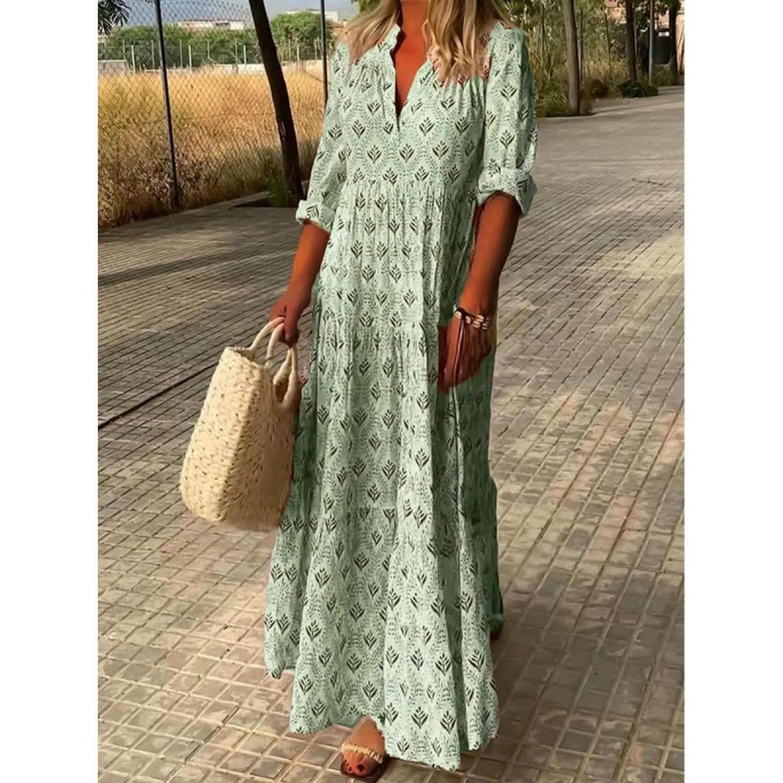 Damska letnia sukienka damska V Warstwa Długi rękaw Vintage Plus Size Luźna-Niebieski-l