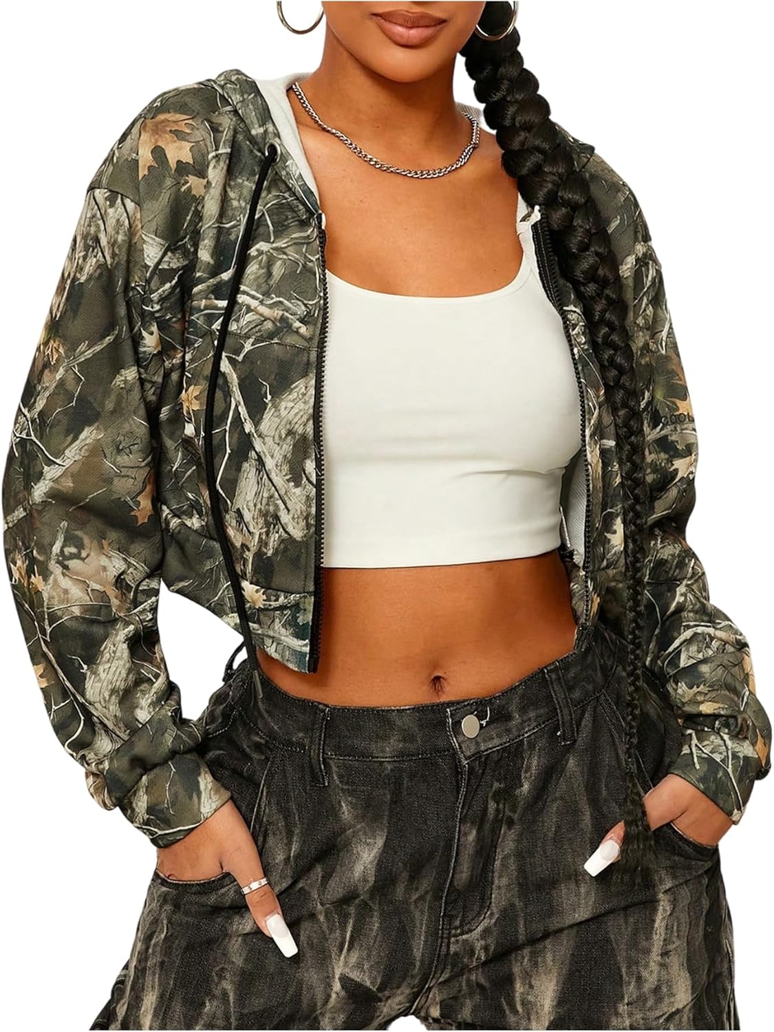 SOLY HUX Women's Camo Hoodies Y2k Zip Up Drawstring Long Sleeve Cropped Hooded Sweatshirt Jacket Vintage Streetwear