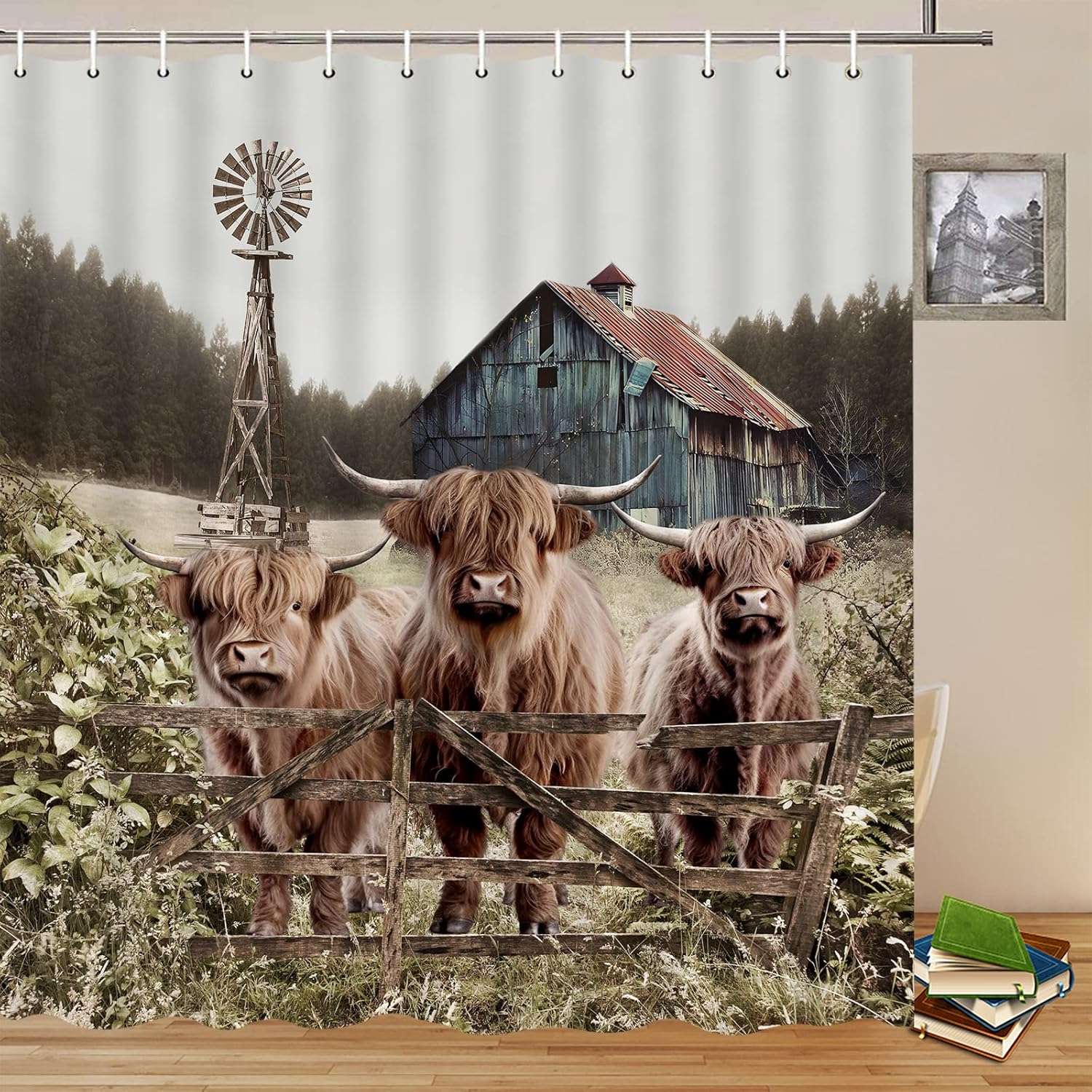 Highland Cow Shower Curtains Rustic Farm Animal Strong Cattle Farmhouse Barn Windmill Natural Scenery Country Themed Bathroom Decor Polyester Fabric Curtain Set 118 x 70 Inch with Hooks