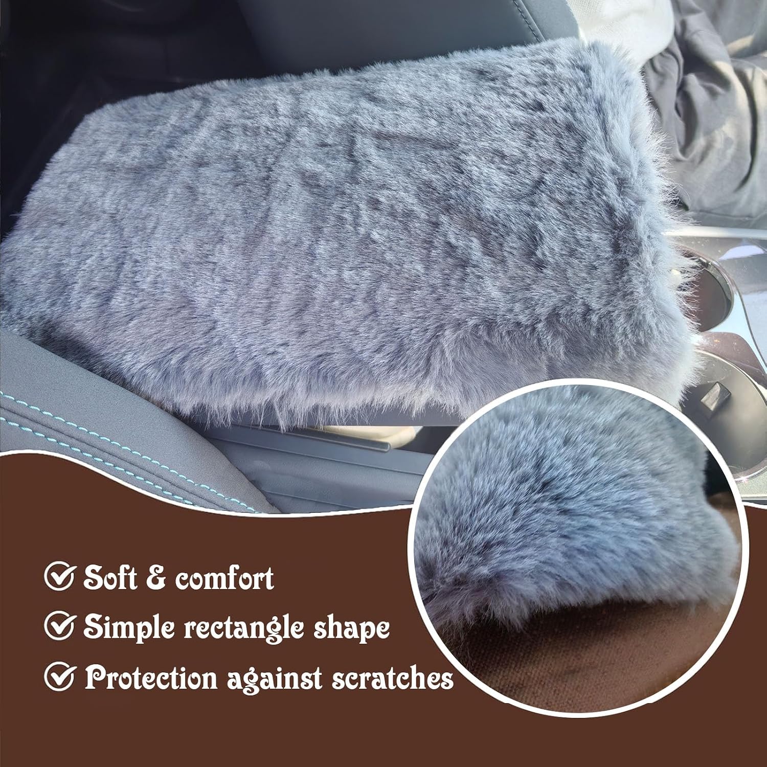 YUNXNYC Fluffy Car Armrest Cover, Plush Faux Wool Console Cover Pad Cushion, Universal Soft Fuzzy Middle Arm Rest Protector for Cars (Gray)