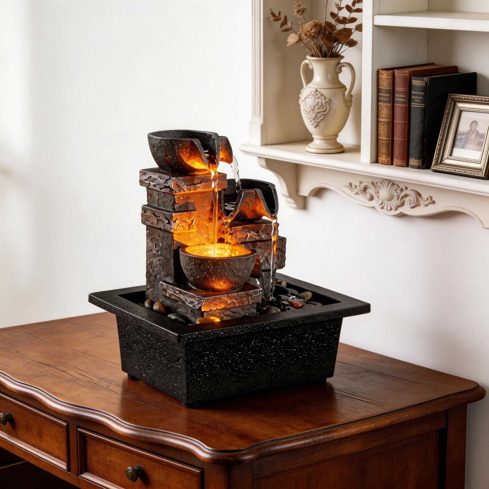MAOCHI Fontaine d'intérieur à 3 bassins, son apaisant, fontaines de table pour la maison/le bureau avec roches naturelles de rivière lumières LED pompe d'arrosage automatique (22044A)