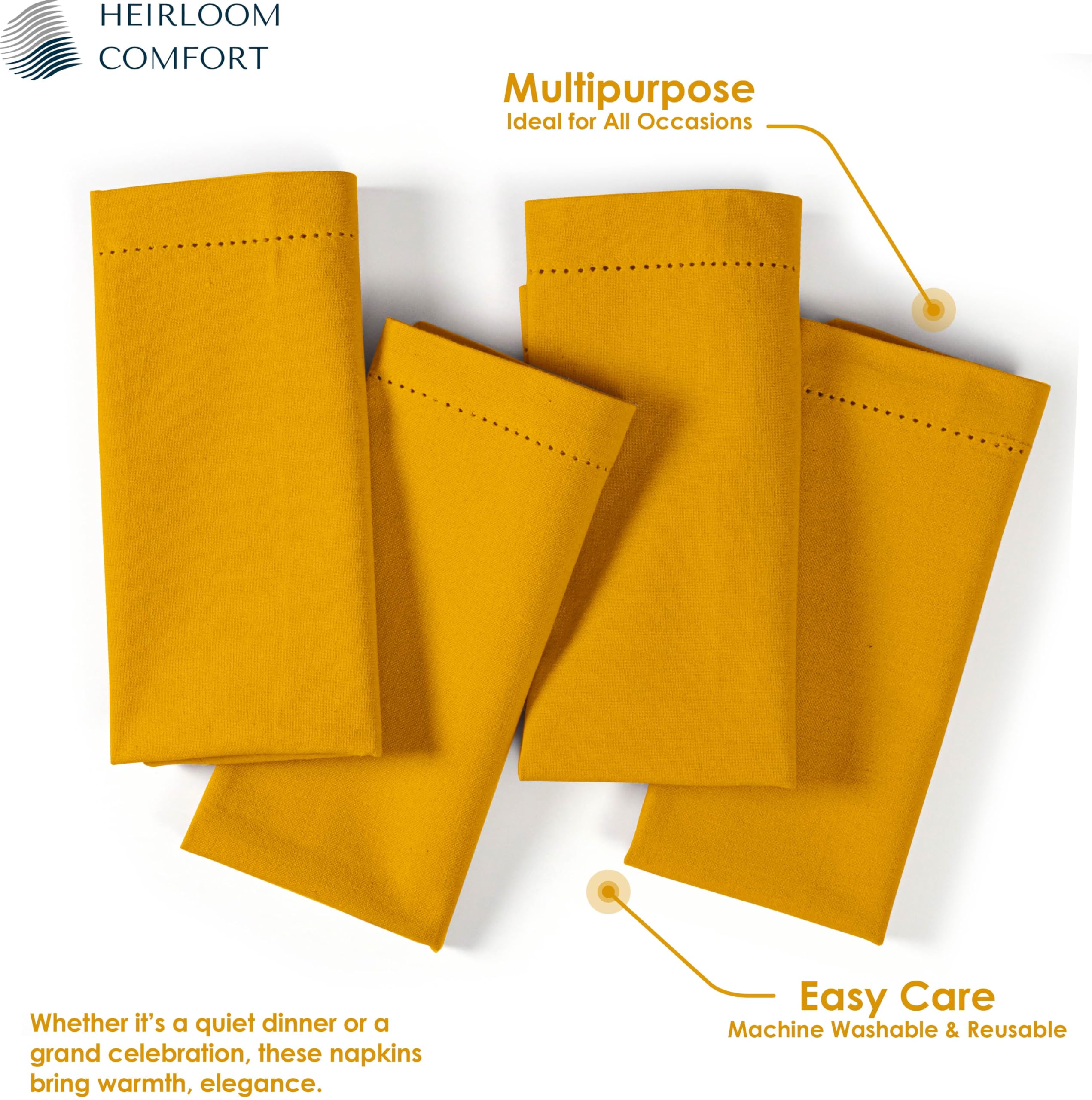 Servilletas de tela amarillo mostaza, 45 x 45 cm, juego de 12 unidades, 100 % algodón, absorbentes, reutilizables, suaves, lavables, bordes biselados con vainica, ideales para cenas