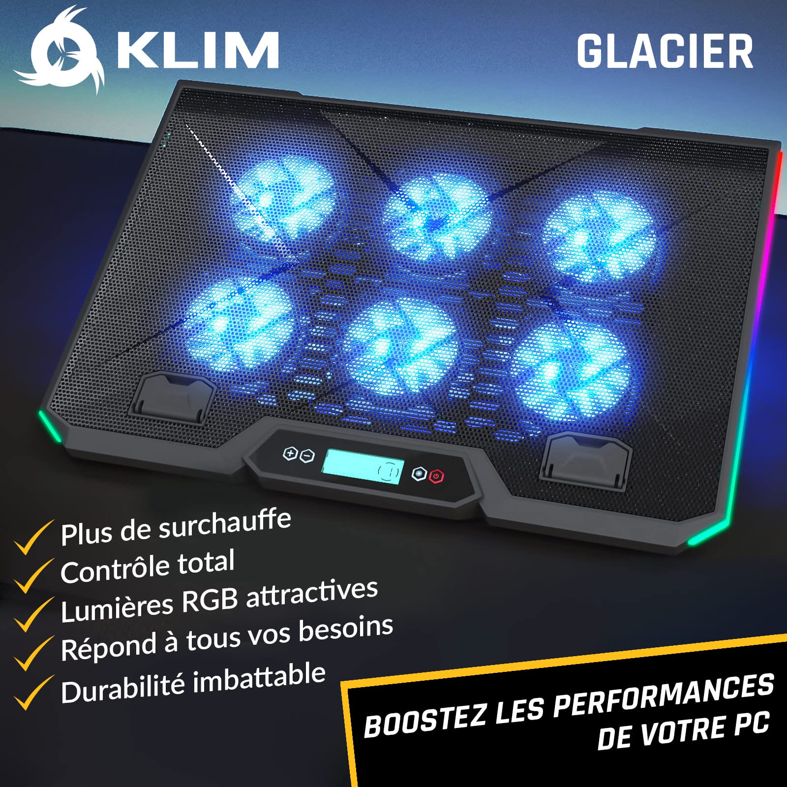 KLIM Glacier Refroidisseur PC - Nouveauté Ventilateurs & Rétroéclairage RGB - 11" - 17" - Support Ordinateur Portable USB - Stable et Silencieux Mac PS4 Xbox One