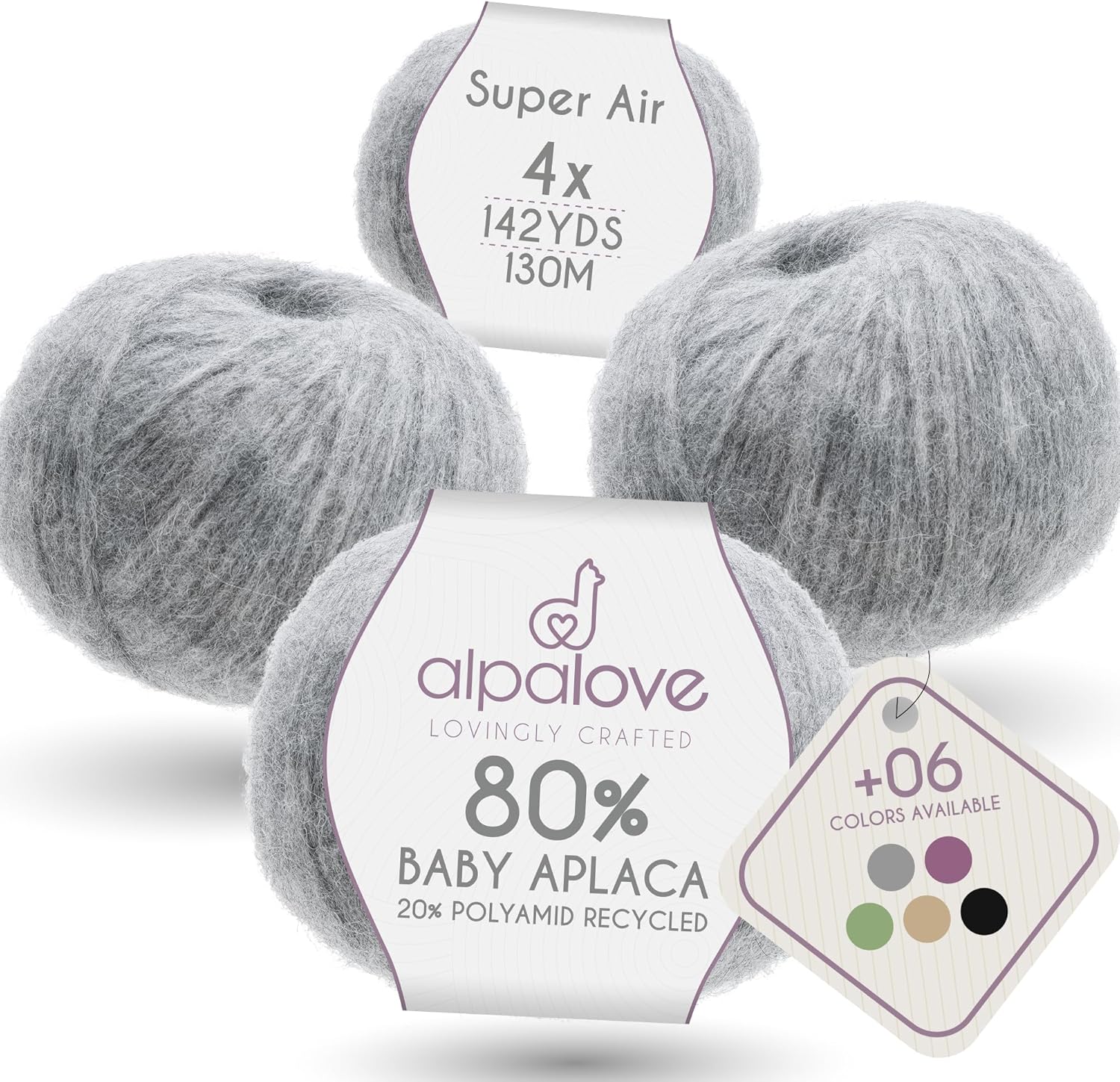 Super Air 4-Set Baby Alpaca - Soft and Fast Hand Knitting Yarn 7.05 oz/ 568 Yards - Natural Light Gray
