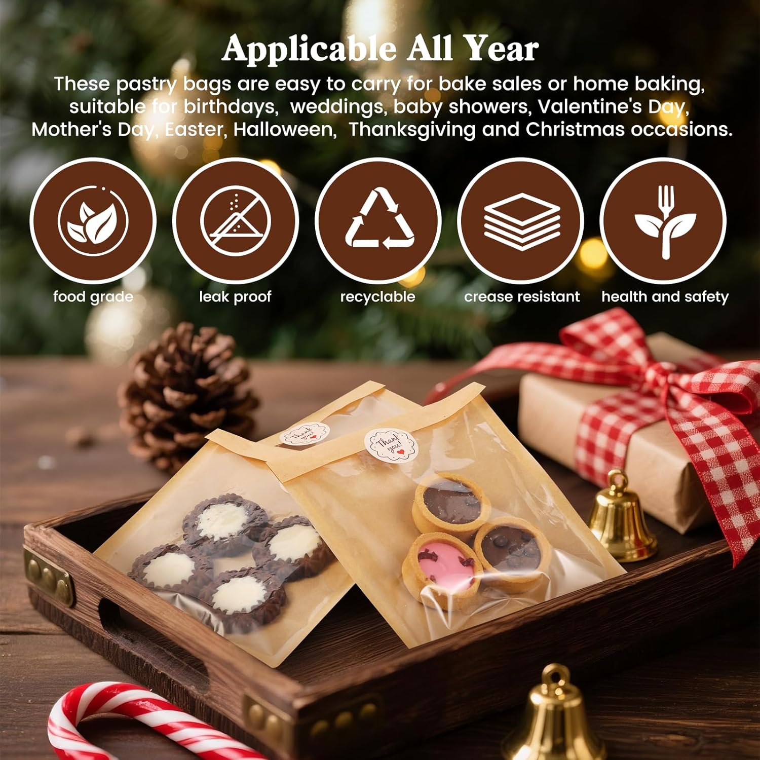 HONKID 100 Pack Cookie Packaging Bags With Seal Stickers,7.1x7.5 Inch Food-Grade Bakery Bags With Window, Heat Sealable Paper Cookie Sleeves for Homemade, Sandwich, Cookies, Cakes, Brown, Donut