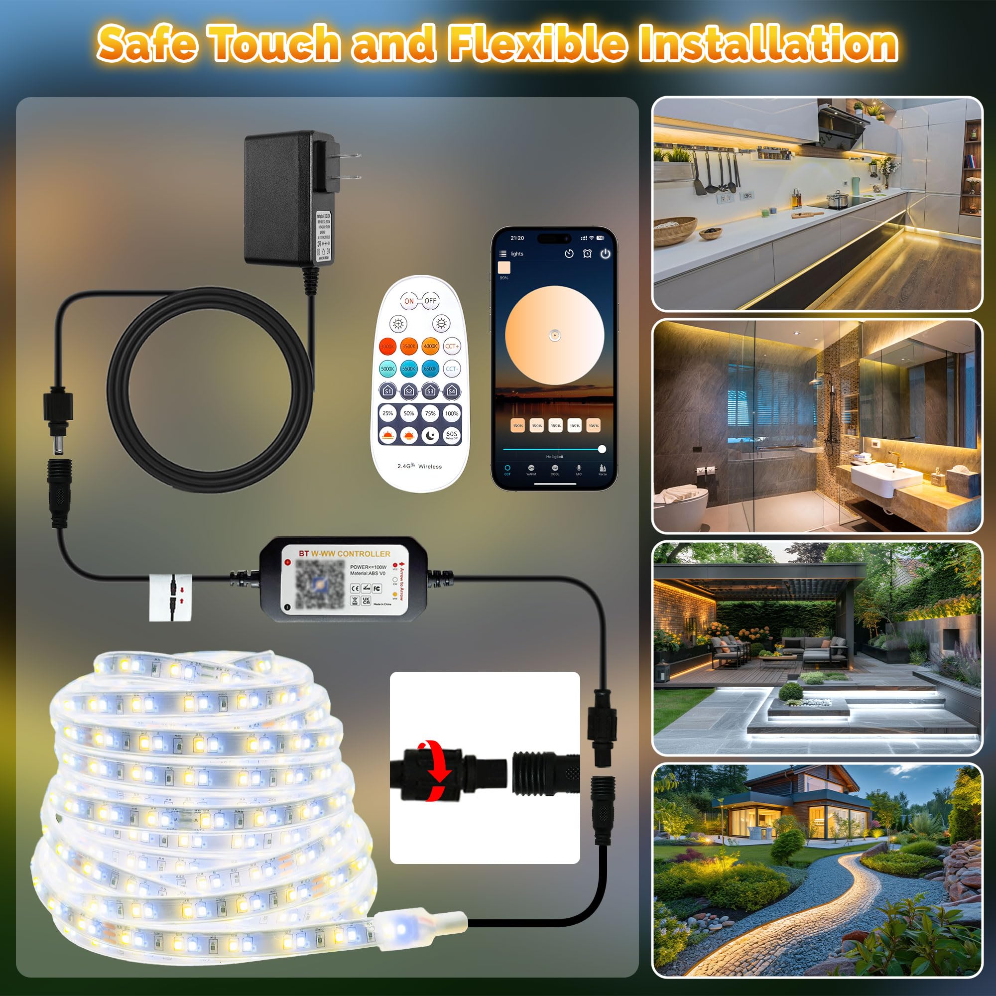 Striscia LED per esterni, dimmerabile, da bianco caldo a bianco freddo, compatibile con Alexa, app WiFi e telecomando, 24 V, IP67, impermeabile, autoadesiva, per cucina, terrazze (30 m)