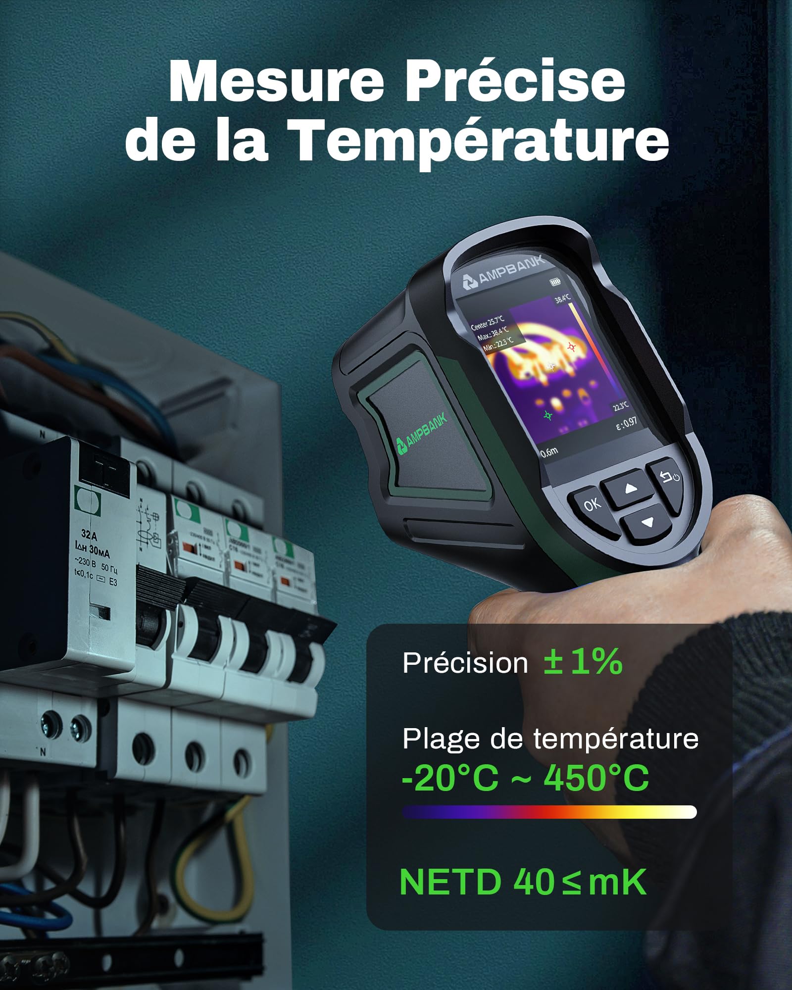 AMPBANK Camera Thermique Infrarouge 240x240 IR-Auflösung,24 Heures d'Autonomie Camera Infrarouge,25Hz Taux de Rafraîchissement,-20°C à 450°C, H128 Caméra Thermique Compacte avec Alarme de Température