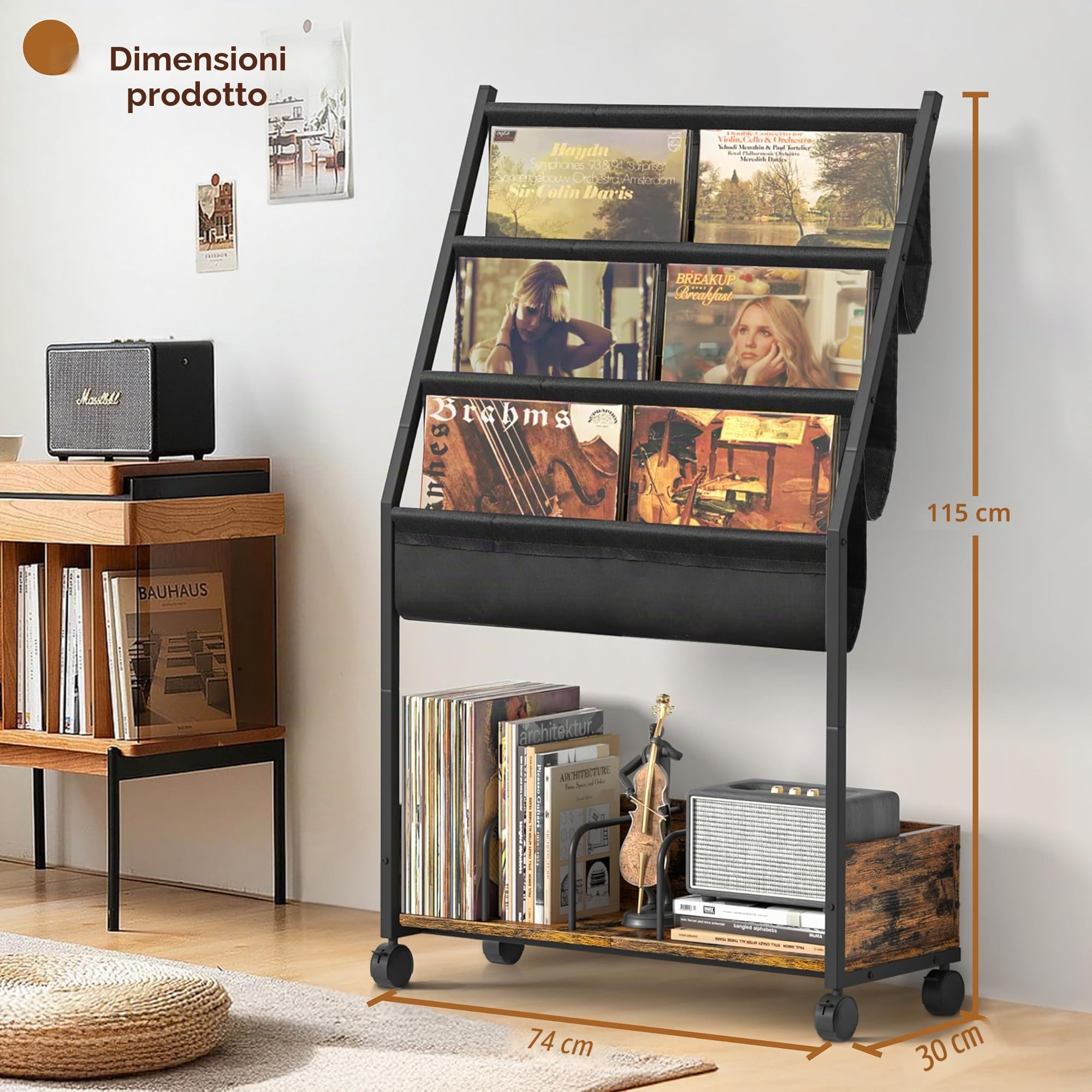 Supporto per Dischi in Vinile fino a 200 Album – Supporto a 3 Livelli con Ripiani Espositivi, Organizer Mobile per LP, Libri, Riviste, Sistema di Conservazione per Collezioni di Vinili Più Grande