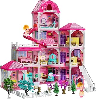 Villa Toys for 3 4 5 6 7 8 Years Old Girls - 4 Storeys 10 Rooms, Indoor Playset with 2 Dolls Figures, Furniture and Accessories, Pretend Girls Plays, Building Toys, Gifts