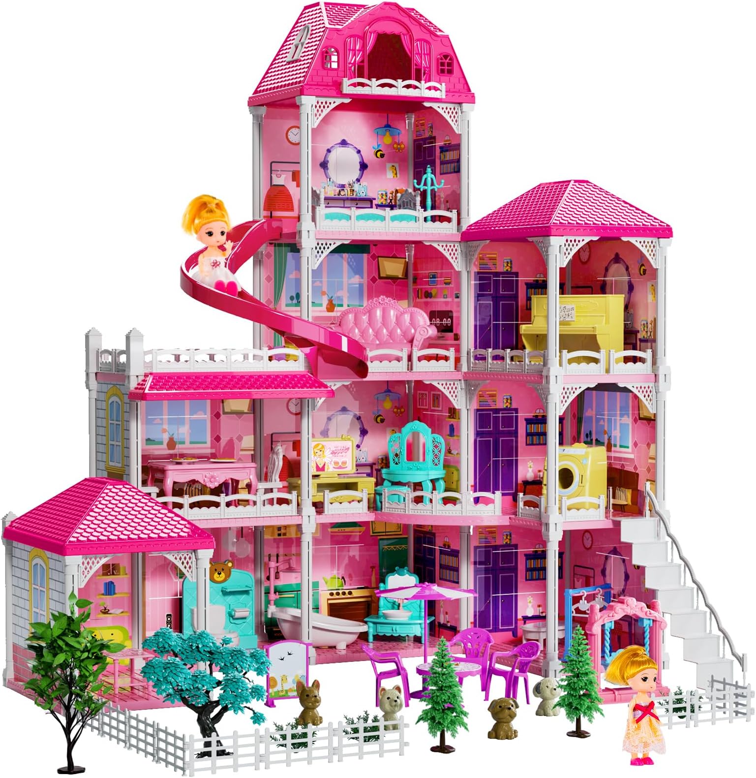 TEMI Villa Toys for 3 4 5 6 7 8 Years Old Girls - 4 Storeys 10 Rooms, Indoor Playset with 2 Dolls Figures, Furniture and Accessories, Pretend Girls Plays, Building Toys, Gifts