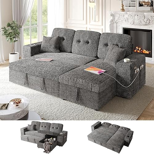 4 in 1 Sleeper Sofa Bed, 90 Inch Pull Out Couch Bed with Adjustable Backrest | Reversible Storage Chaise | Wide Armrest | Tool Free Assembly, Sectional Couches for Living Room, Grey Chenille