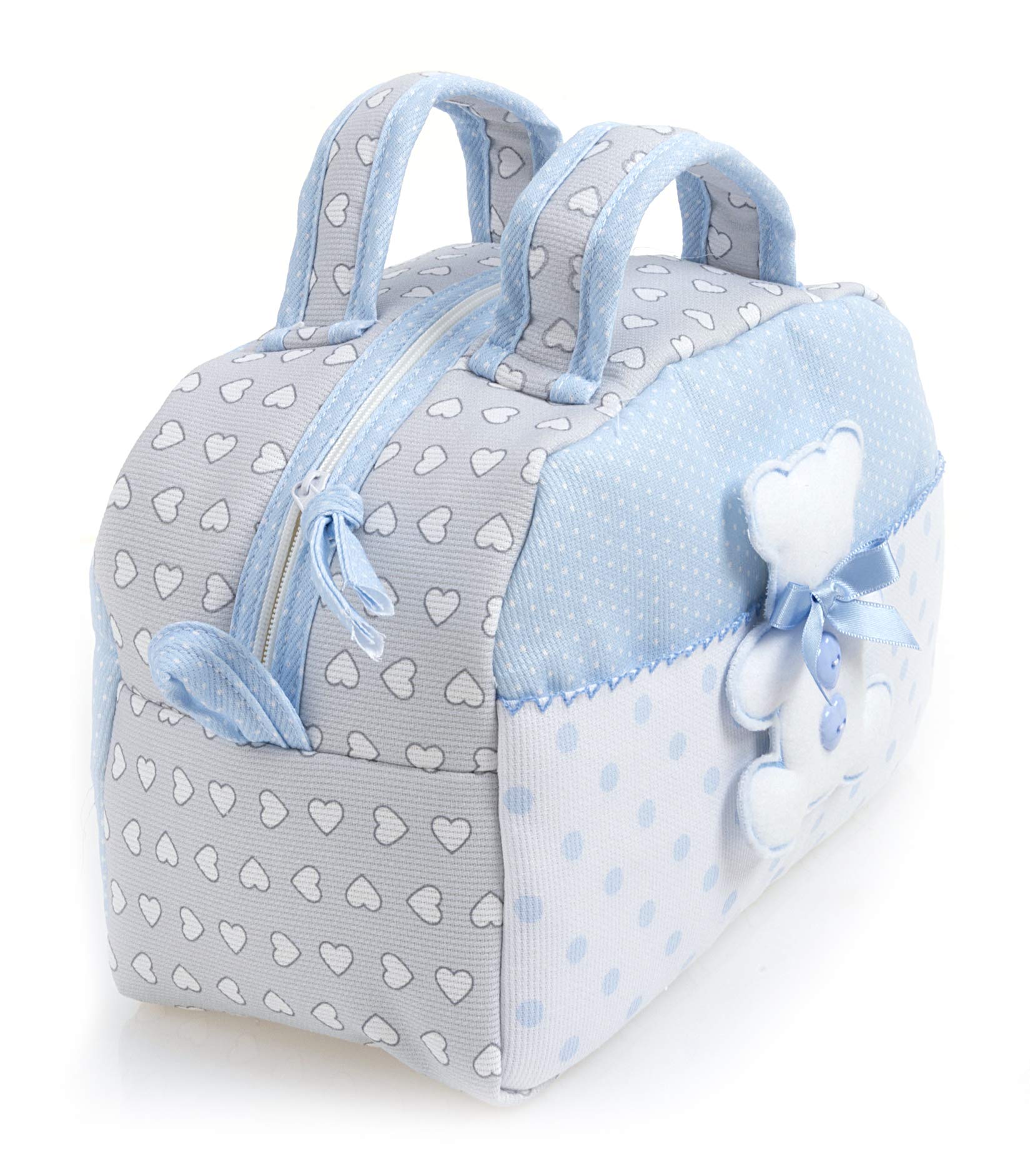 FILET Beauty Case Cotone Maniglie Cerniera Ricamo Orsetto Made in Italy Grigio Azzurro